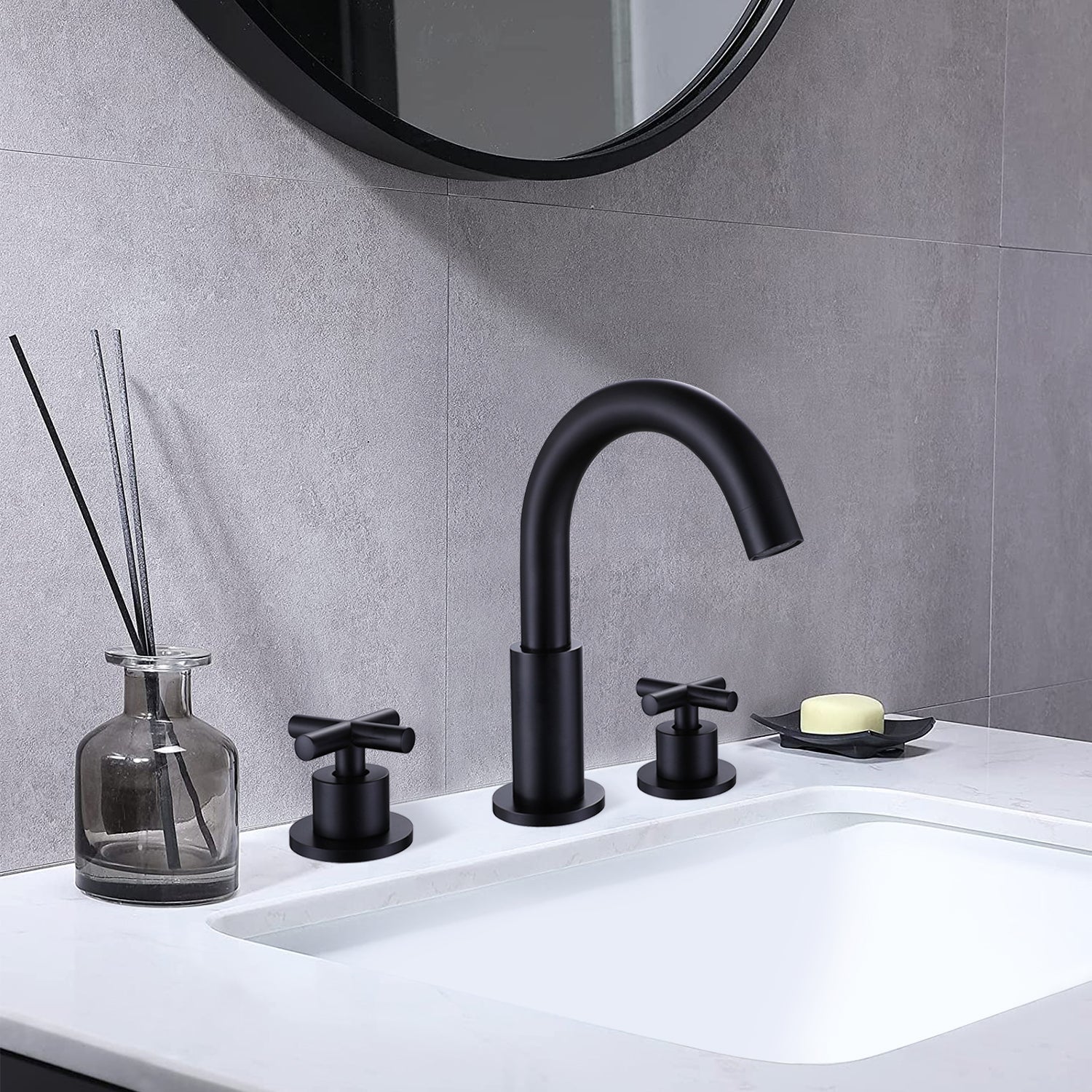 Matte Black Deck Mounted Bathroom Sink Faucet With Rough-in Valve