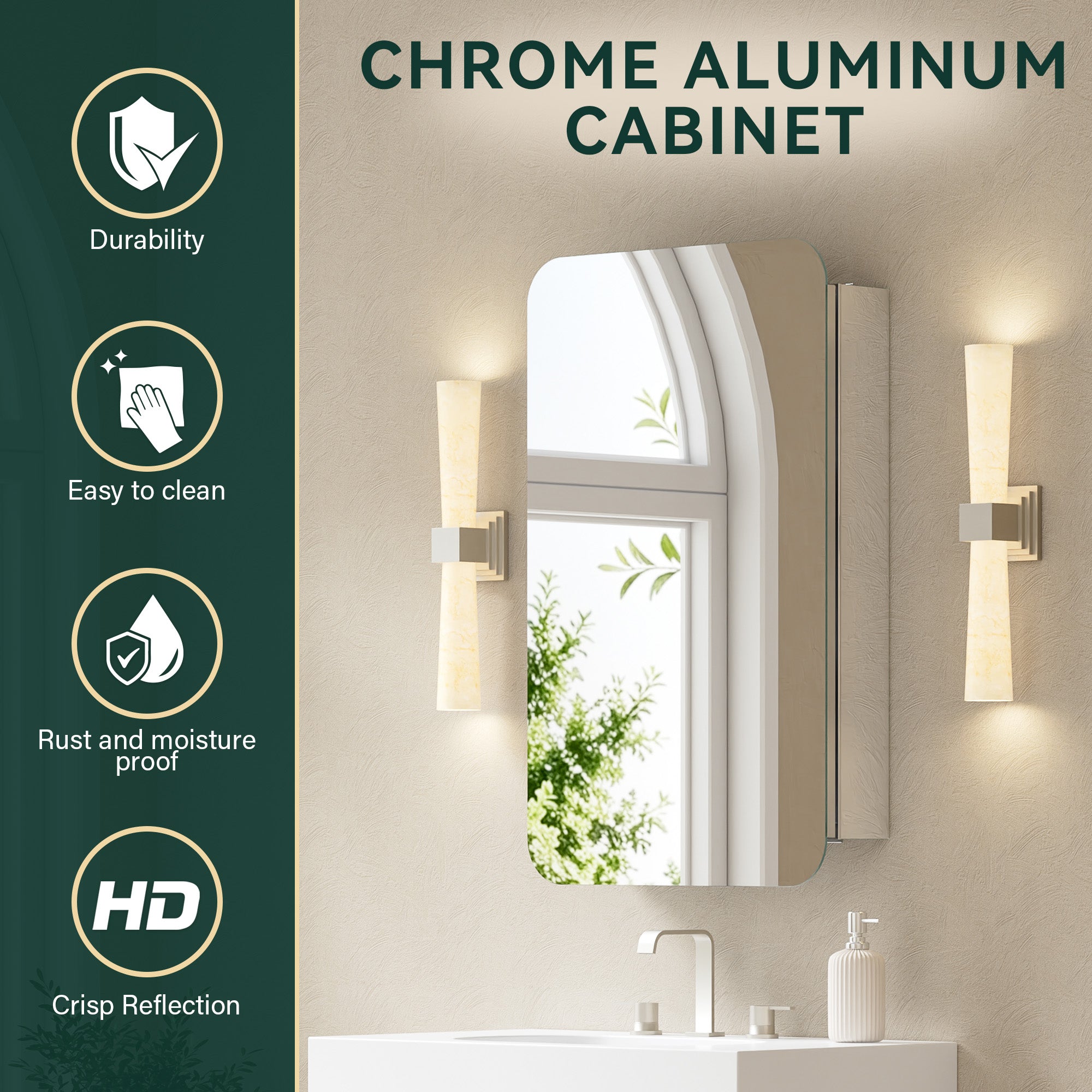 20 in. × 32 in. Aluminum Mirror Medicine Cabinet with Reversible Door Swing, Recessed or Surface Mount, Adjustable Shelves