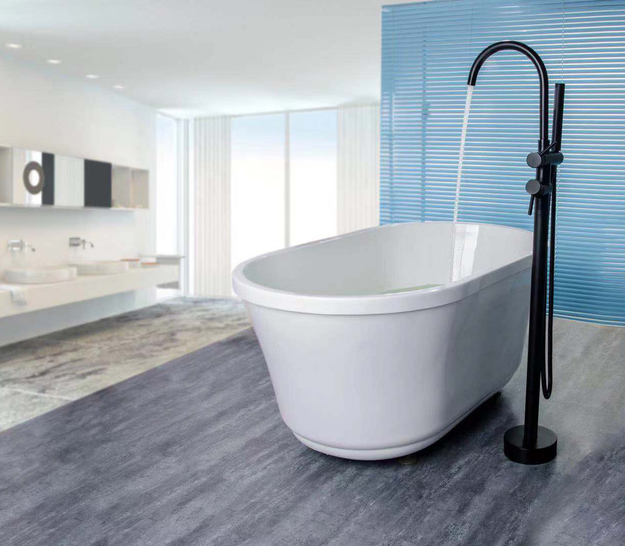 Double-Handle Floor Mount Bathroom Tub Faucets with Handheld Shower in Brushed Nickel
