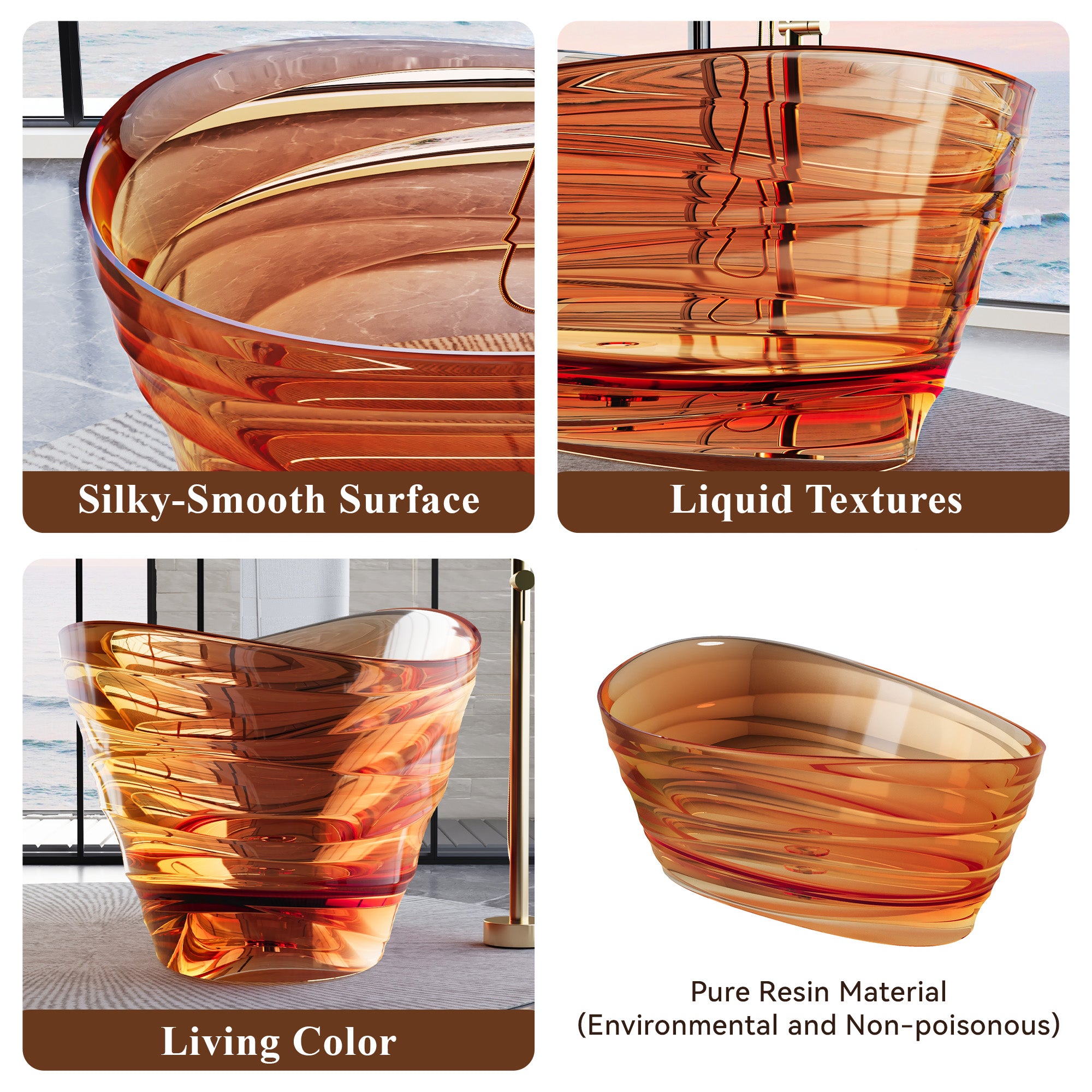 62" Pure Resin Transparent Freestanding Bathtub with Drain, Transparent Champagne