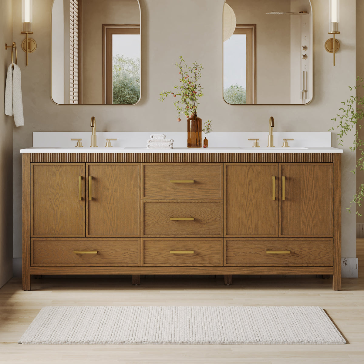 80 Inch Freestanding Solid Wood Bathroom Vanity with Pure White Quartz Countertop, 4 Soft-Close Doors & 5 Dovetail Drawers, Walnut