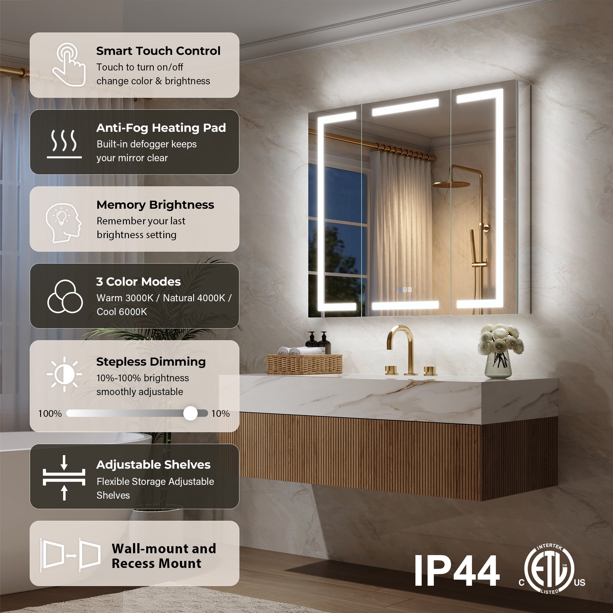 42 in. x 36 in. Aluminum LED Bathroom Medicine Cabinet with Anti-Fog, Dimmable Lighting, Outlet, Surface or Recessed Mount