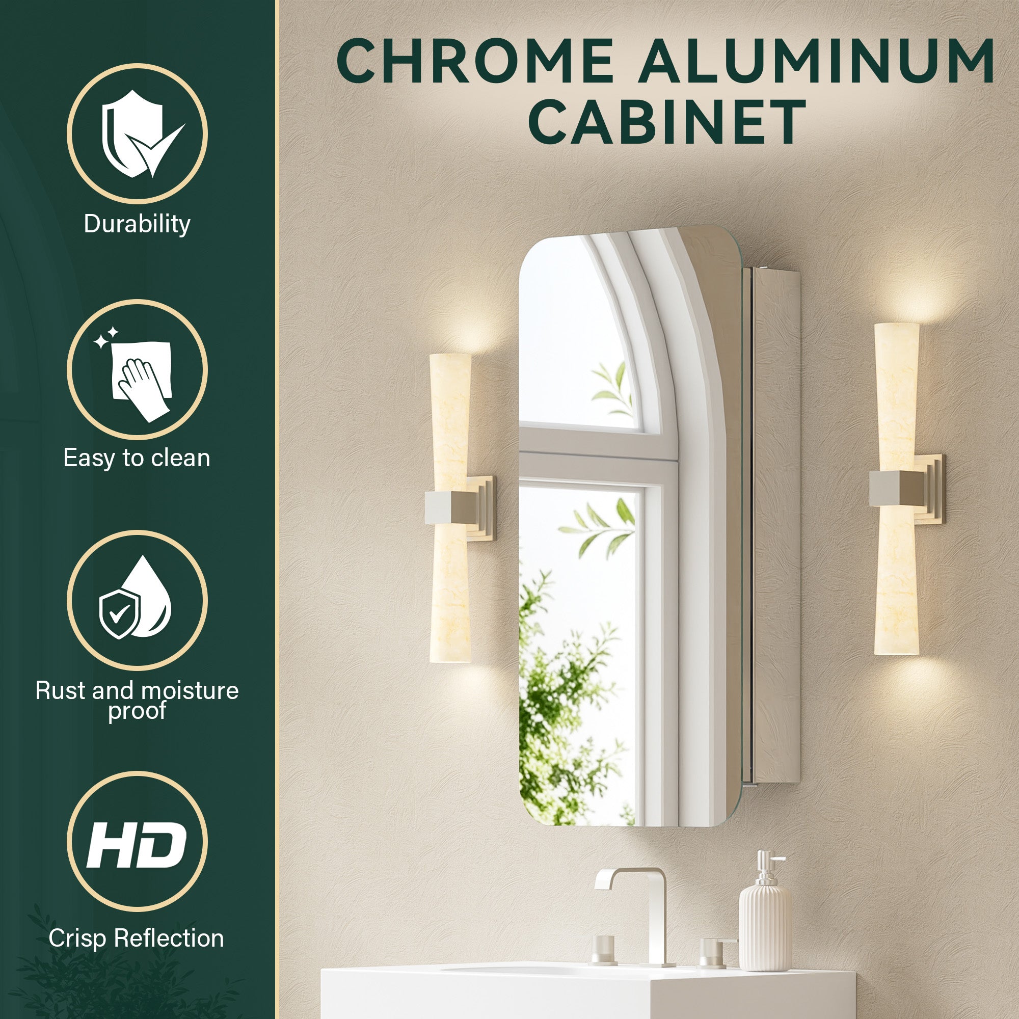 16 in. × 32 in. Aluminum Mirror Medicine Cabinet with Reversible Door Swing, Recessed or Surface Mount, Adjustable Shelves