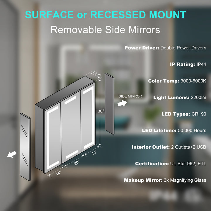 48" x 30" LED Lighted Surface/Recessed Mount Aluminum Mirror Medicine Cabinet Anti-Fog Dimmable with Outlet