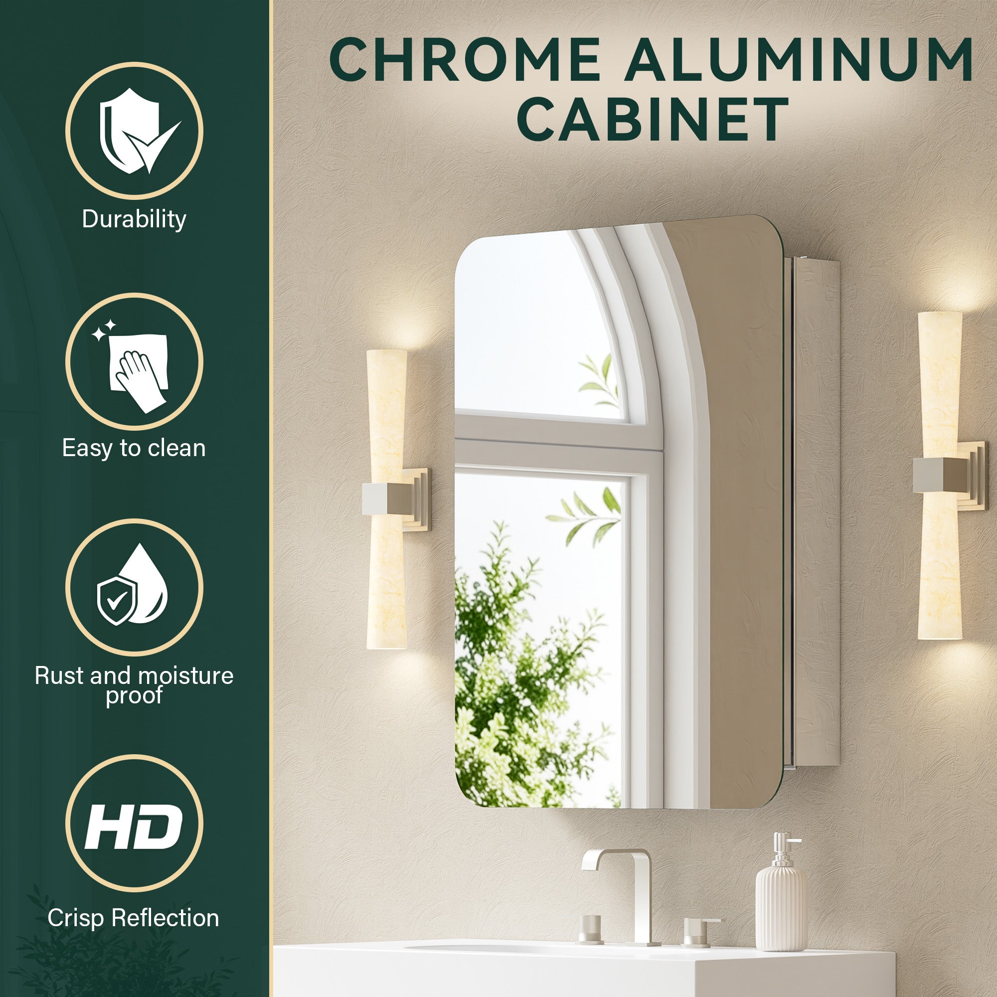24 in. × 32 in. Aluminum Mirror Medicine Cabinet with Reversible Door Swing, Recessed or Surface Mount, Adjustable Shelves