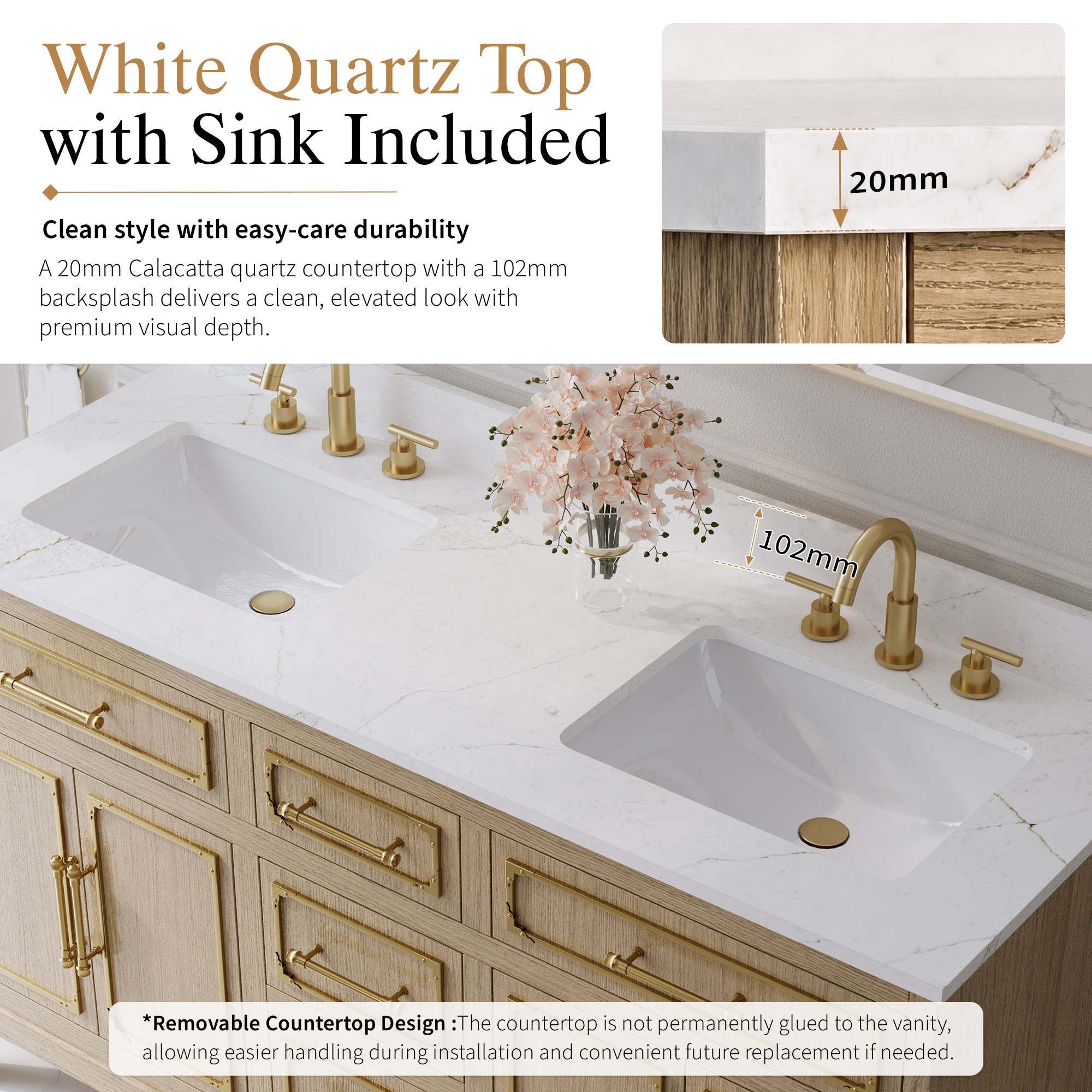 60 Inch Luxury Solid Oak Bathroom Vanity with Calacatta Quartz Countertop & Sinks, 3 Soft-Close Drawers and 2 Flip Drawers