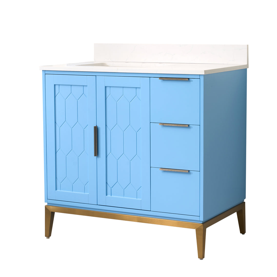 36 in. Bathroom Vanity in Light Blue with Carrara White Quartz Vanity Top with White Sink