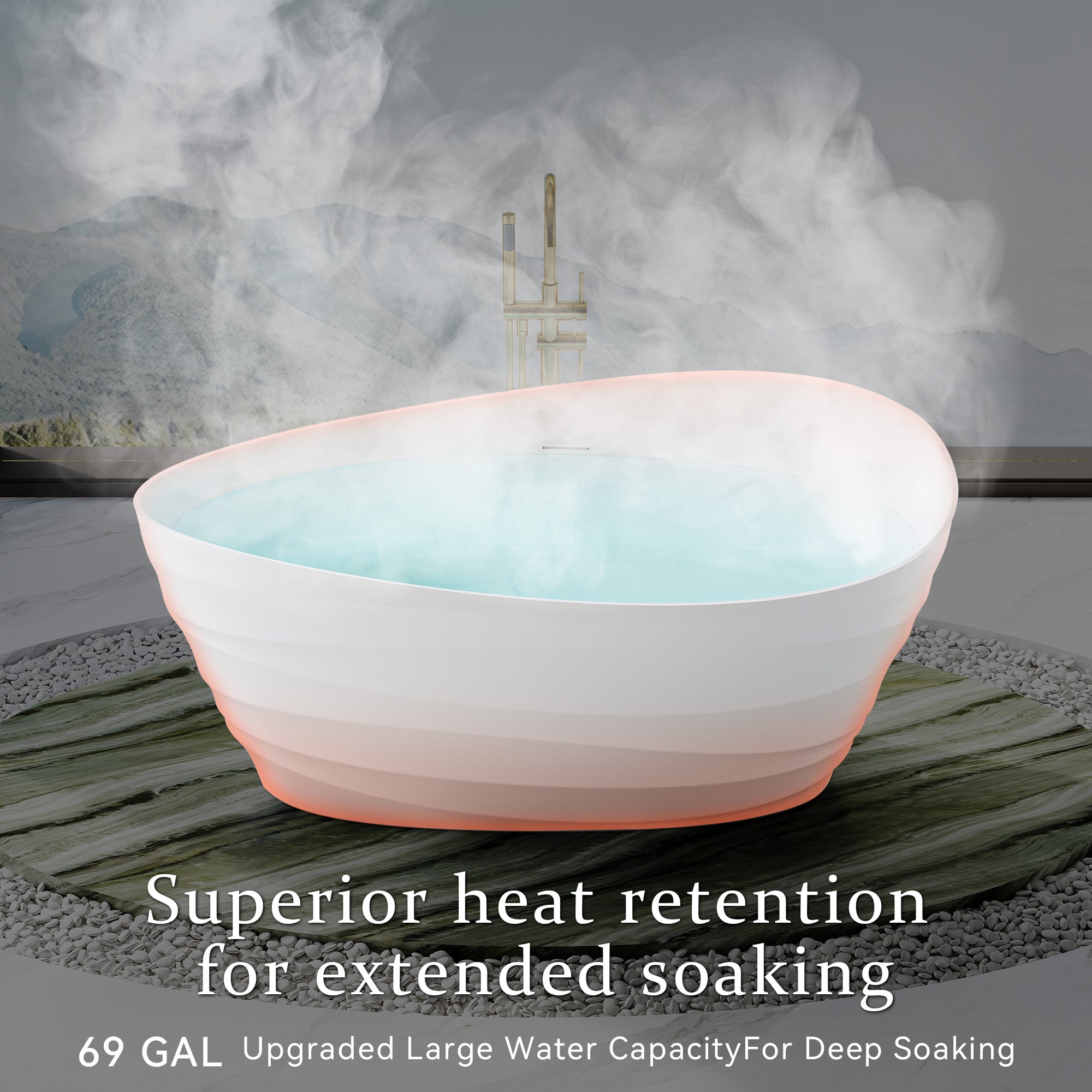62" Freestanding Bathtub with Unique Ripple Texture, Modern Solid surface Soaking Tub with Overflow & Drain, Matte White