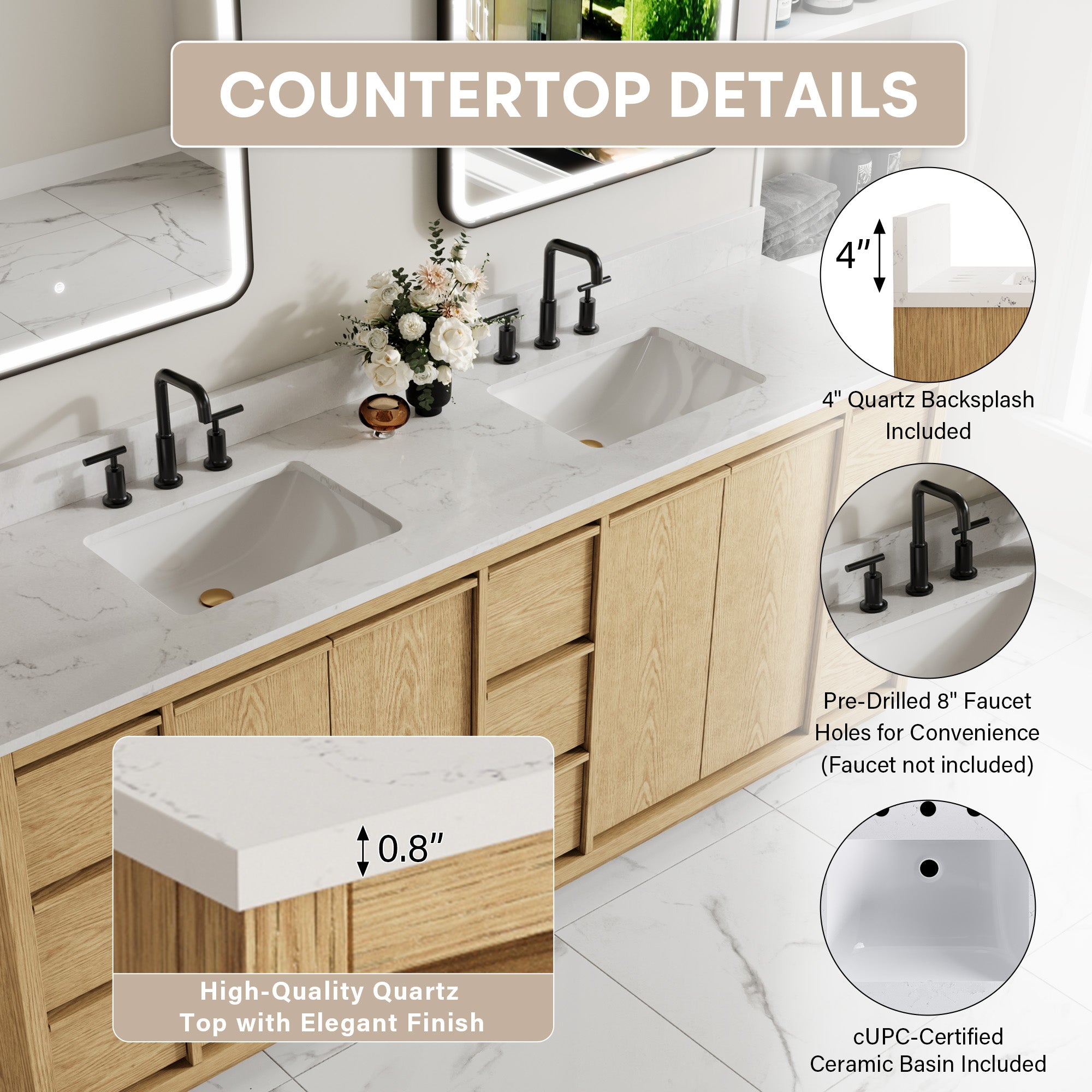 84 Inch Oak Soild Wood Bathroom Vanity with Double Undermount Sinks, 9 Dovetail-constructed Drawers and 4 Soft-close Doors