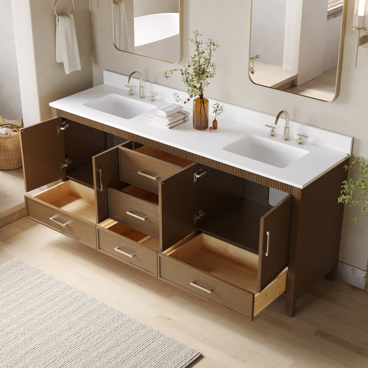 80 Inch Freestanding Solid Wood Bathroom Vanity with Pure White Quartz Countertop, 4 Soft-Close Doors & 5 Dovetail Drawers, Walnut