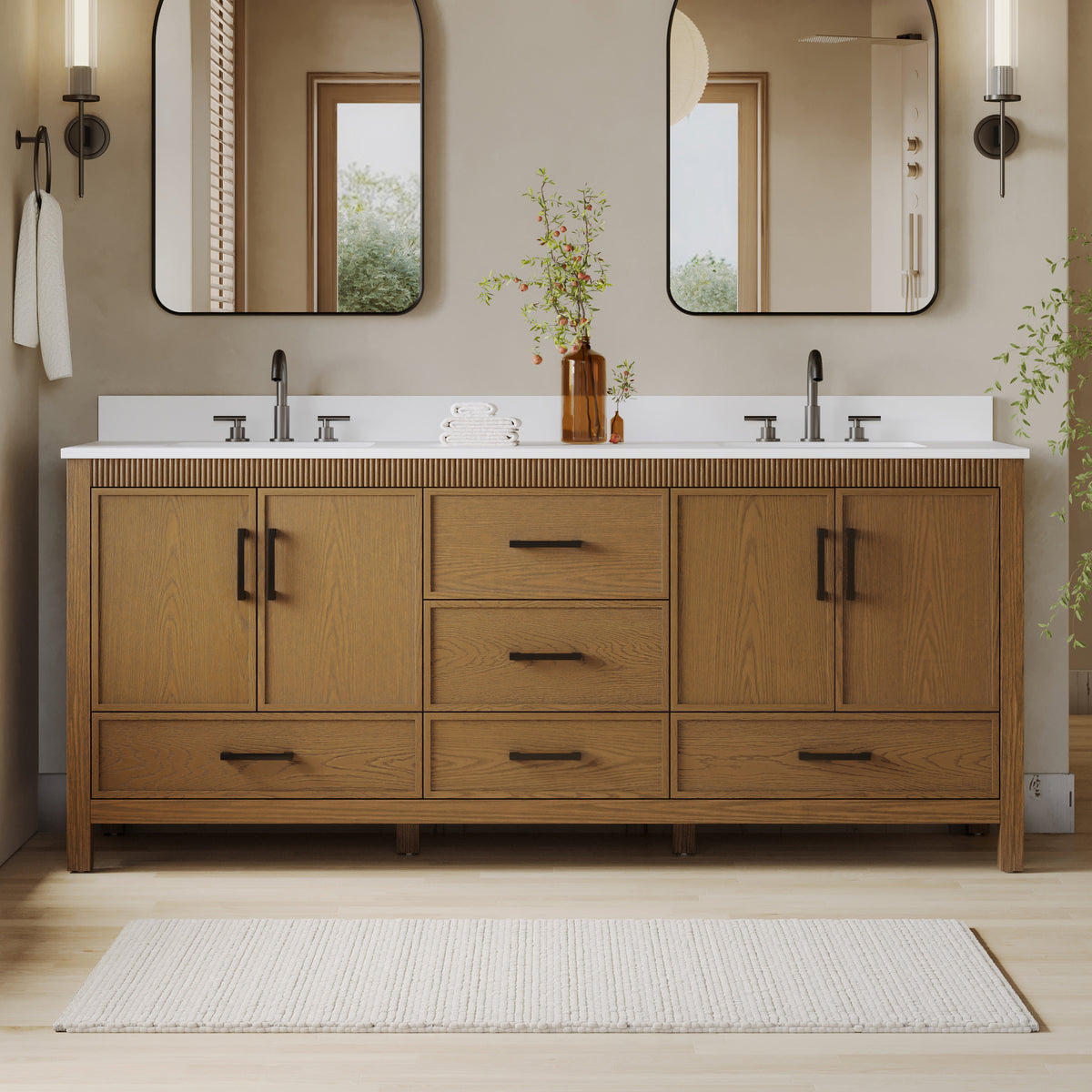 80 Inch Freestanding Solid Wood Bathroom Vanity with Pure White Quartz Countertop, 4 Soft-Close Doors & 5 Dovetail Drawers, Walnut