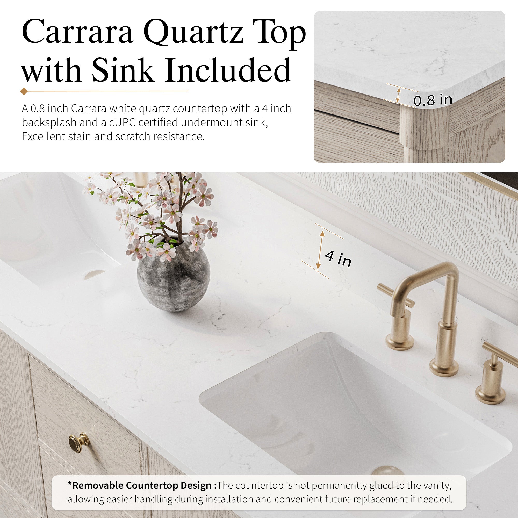 60-Inch Freestanding Oak Bathroom Vanity with Carrara White Quartz Top Double Sinks