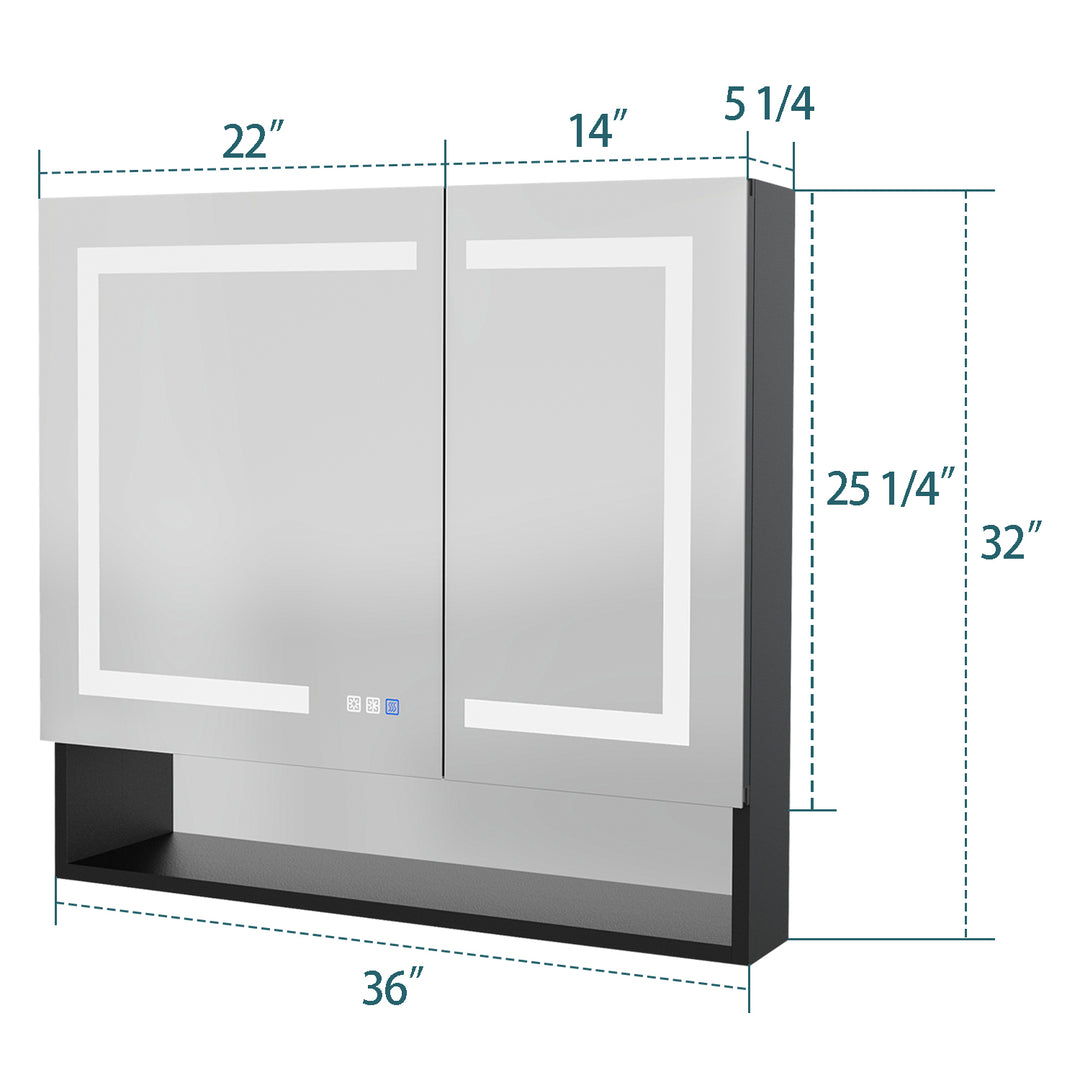 36" W x 32" H LED Lighted Mirror Black Medicine Cabinet with Shelves for Bathroom Recessed or Surface Mount