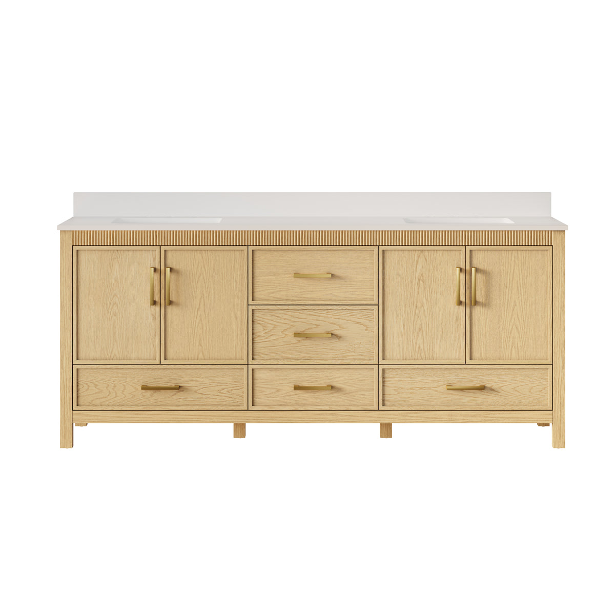 80 Inch Freestanding Solid Wood Bathroom Vanity with Pure White Quartz Countertop, 4 Soft-Close Doors & 5 Dovetail Drawers, OAK