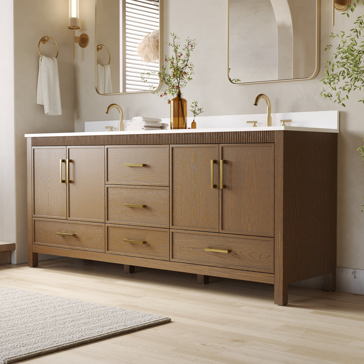 80 Inch Freestanding Solid Wood Bathroom Vanity with Pure White Quartz Countertop, 4 Soft-Close Doors & 5 Dovetail Drawers, Walnut