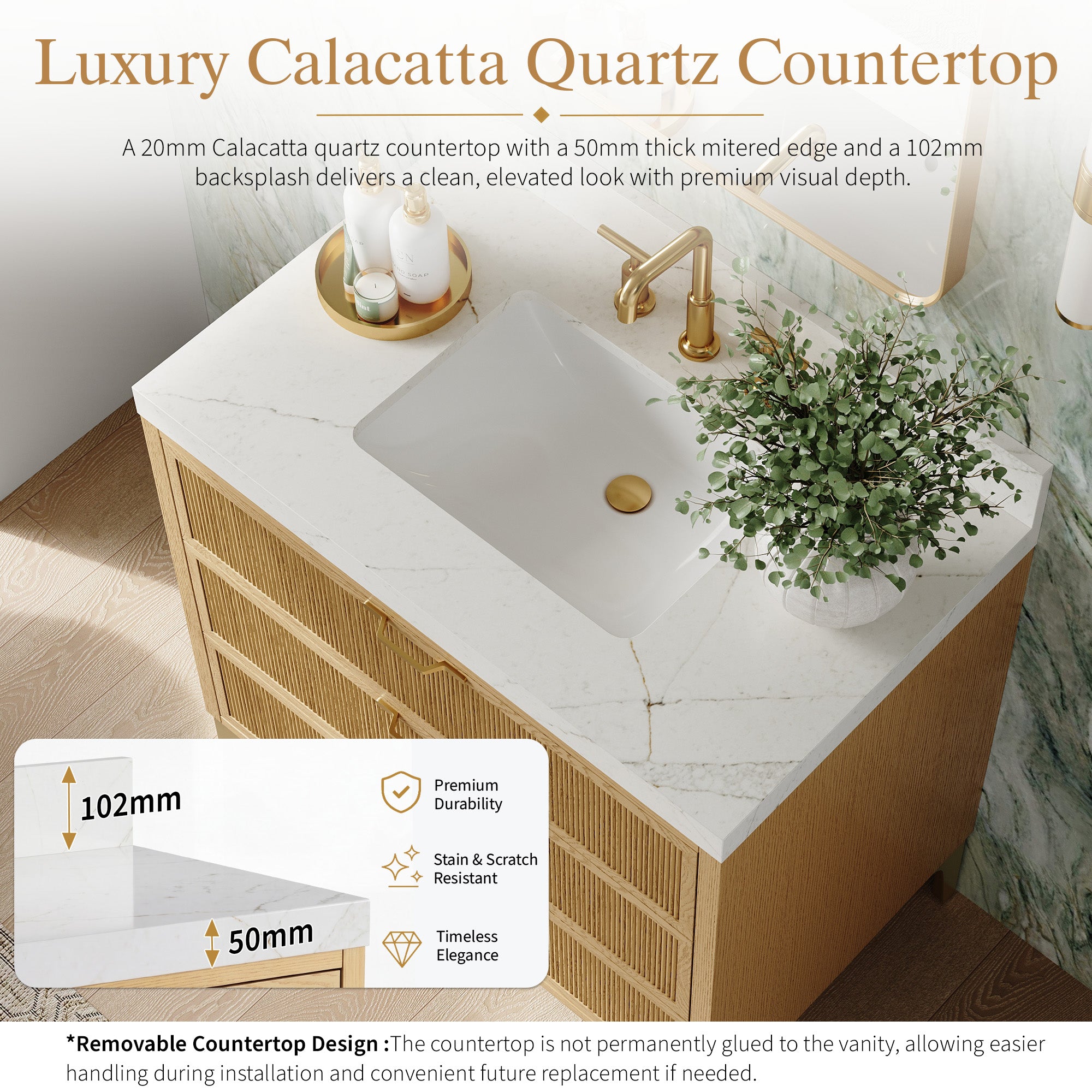 36 Inch Modern Solid Oak Bathroom Vanity with Calacatta Quartz Countertop, 3 Fluted Drawers & Brushed Gold Legs