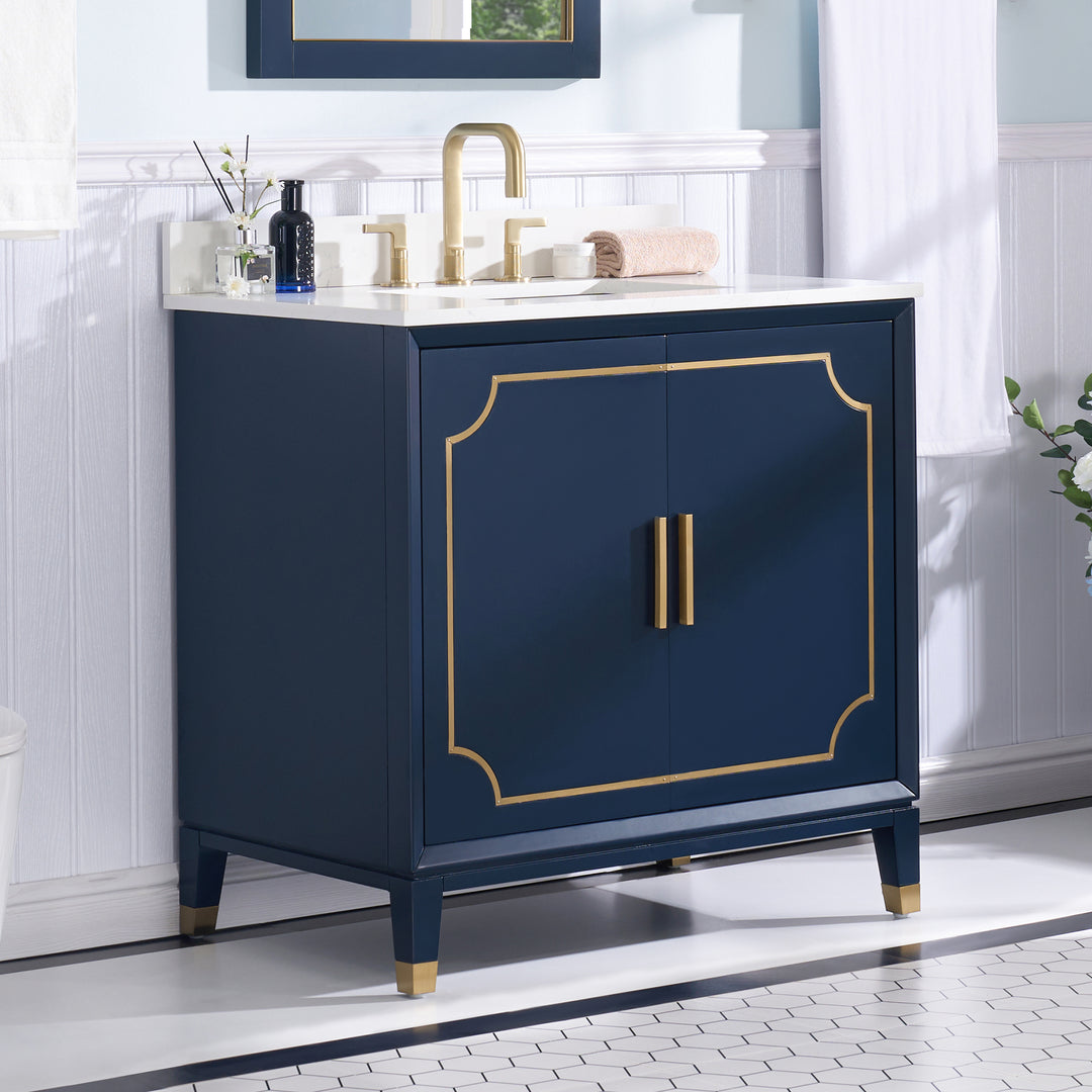 36 in. Freestanding Bathroom Vanity in Navy Blue with Carrara White Quartz Vanity Top