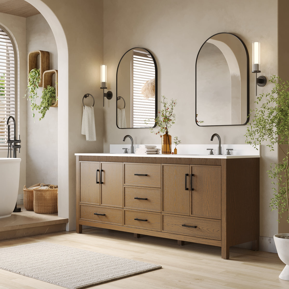 80 Inch Freestanding Solid Wood Bathroom Vanity with Pure White Quartz Countertop, 4 Soft-Close Doors & 5 Dovetail Drawers, Walnut