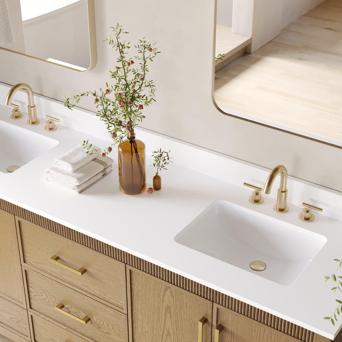 80 Inch Freestanding Solid Wood Bathroom Vanity with Pure White Quartz Countertop, 4 Soft-Close Doors & 5 Dovetail Drawers, Walnut