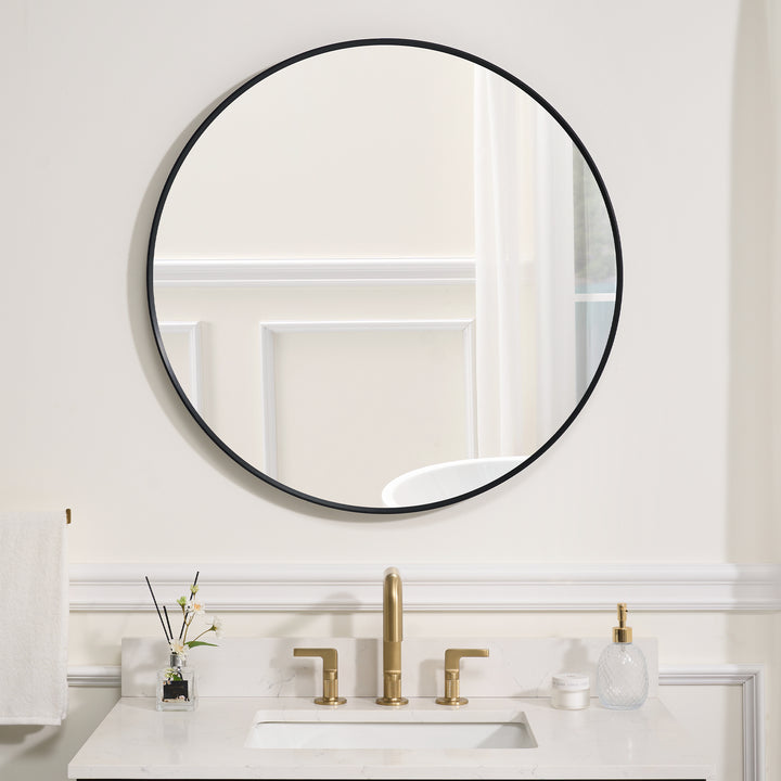 32 in. W x 32 in. H Black Modern Round Framed Aluminum Wall Mirror