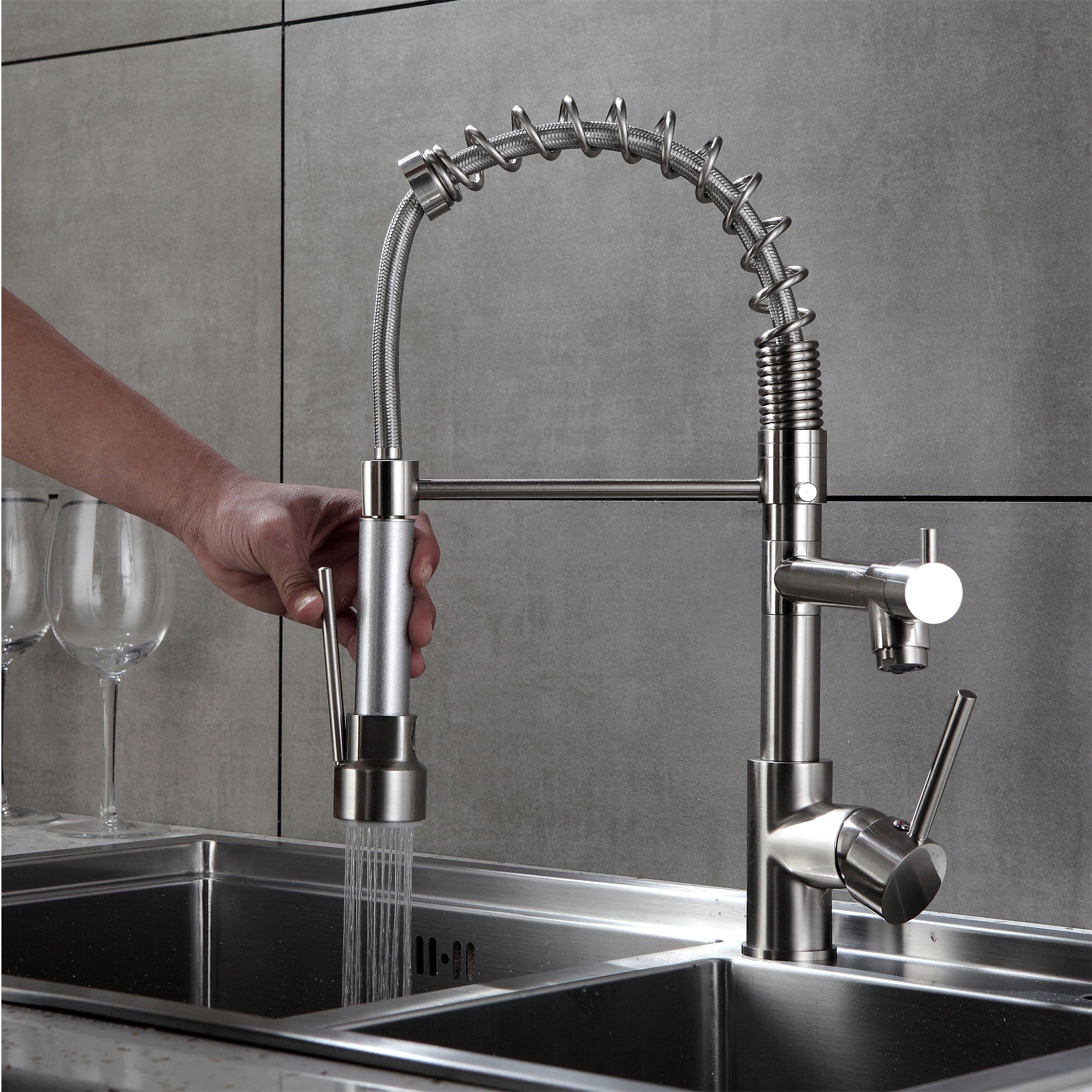 Kitchen Spring Faucets with Pull Down Sprayer-2 Functions Sprayer
