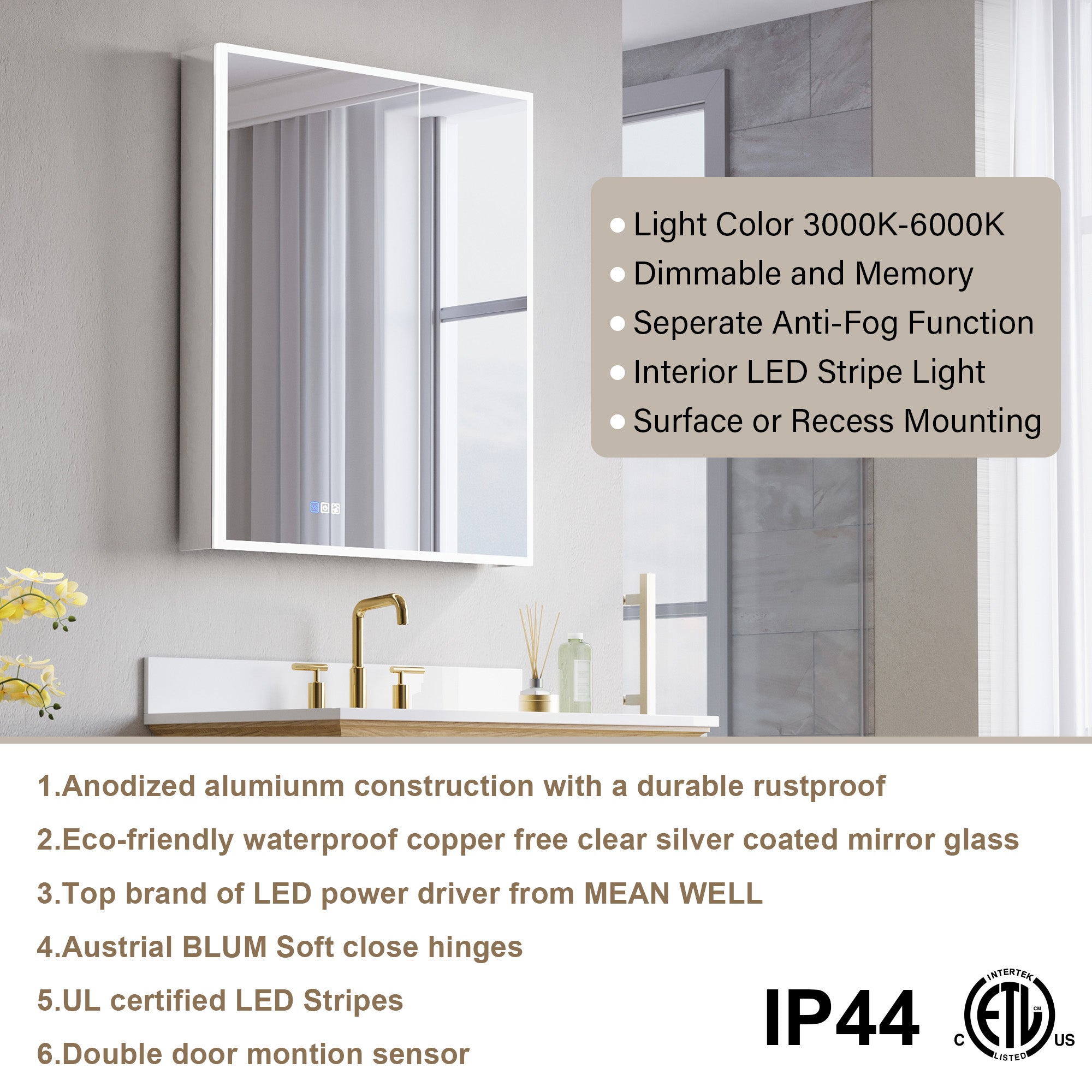 30 in. x 36 in. Recessed/Surface Mount LED Medicine Cabinet with 3X Magnifier Glass Mirror and Dual Doors