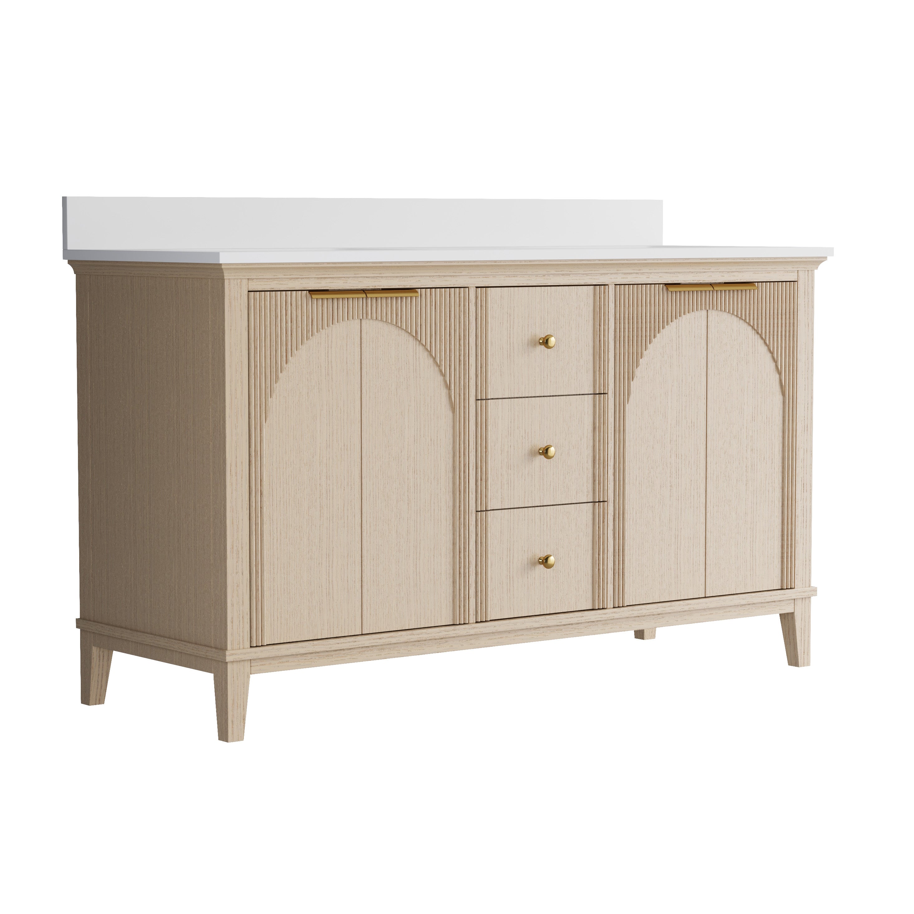 60 Inch Modern Light Oak Solid Wood Bathroom Vanity with White Quartz Countertop & 3 Soft-Close Drawers
