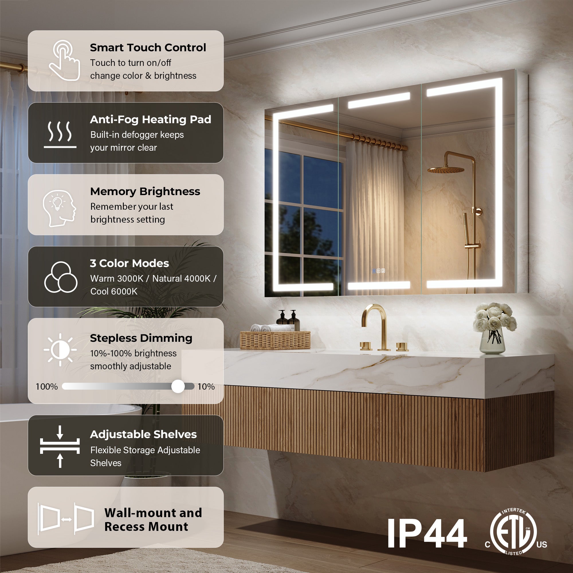 54 in. x 36 in. Aluminum LED Bathroom Medicine Cabinet with Anti-Fog, Dimmable Lighting, Outlet, Surface or Recessed Mount