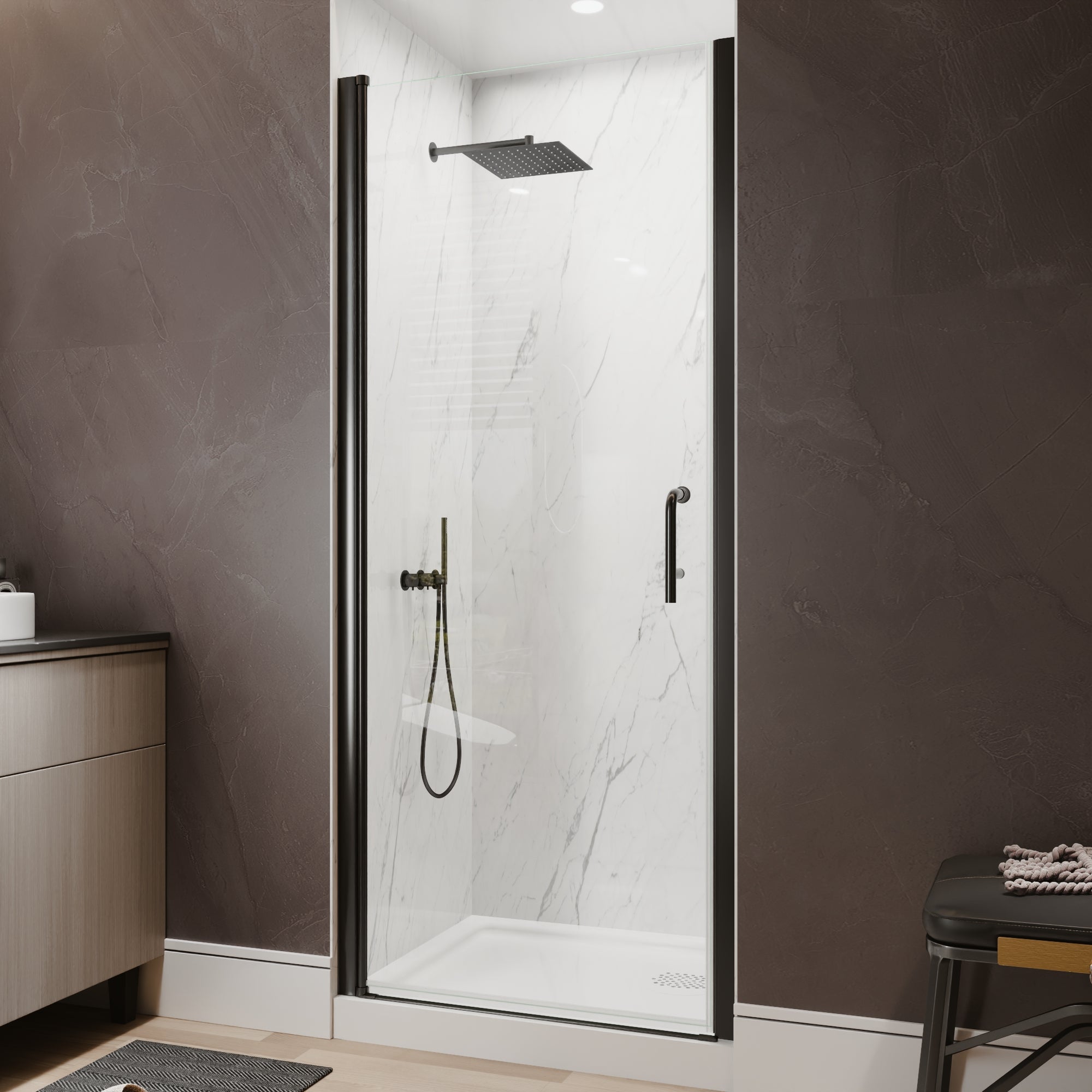 32-34 in. W x 72 in. H Semi-Frameless Pivot Shower Door with 1/4 in SGCC Tempered Glass, Reversible Installation, Matte Black