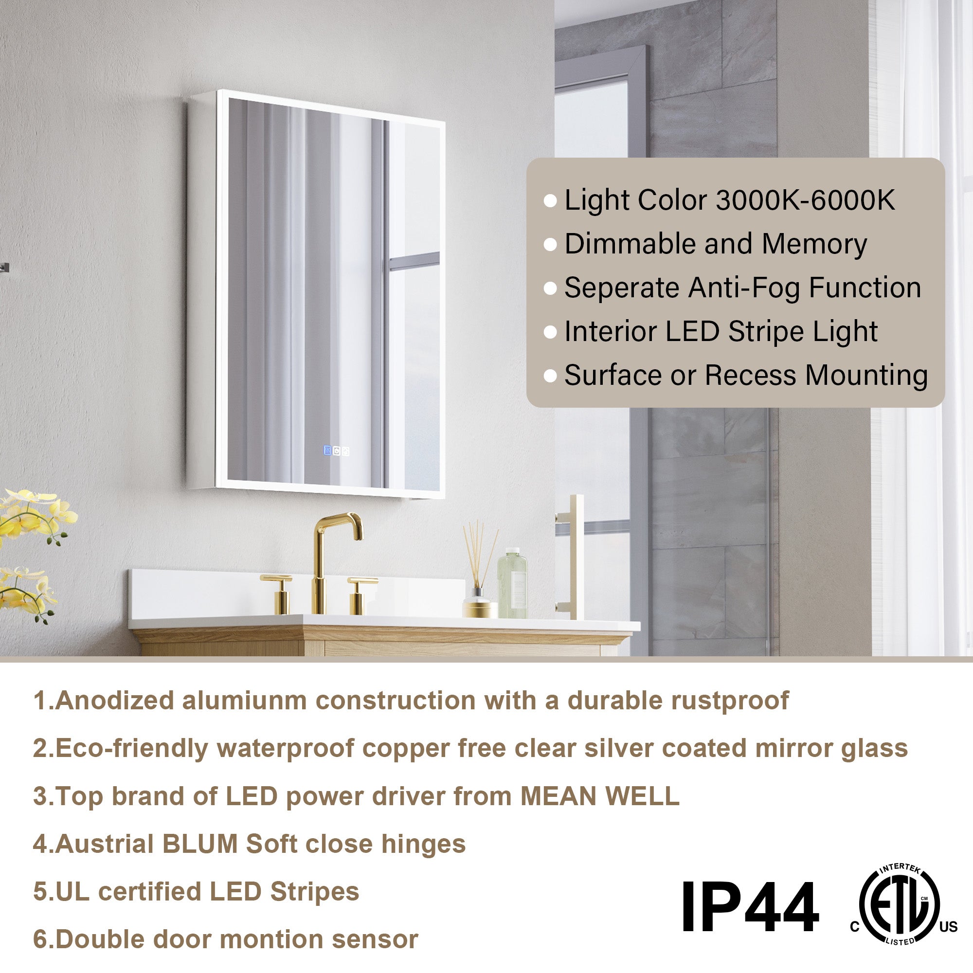 24 in. x 30 in. Upgraded Recessed/Surface Mount Left LED Medicine Cabinet with 3X Magnifier Glass Mirror