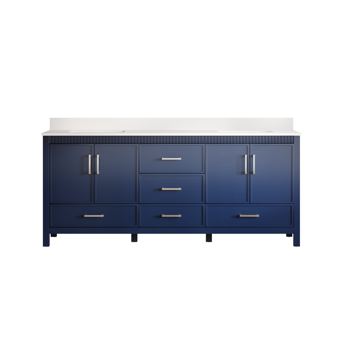 80 Inch Freestanding Solid Wood Bathroom Vanity with Pure White Quartz Countertop, 4 Soft-Close Doors & 5 Dovetail Drawers, Navy Blue