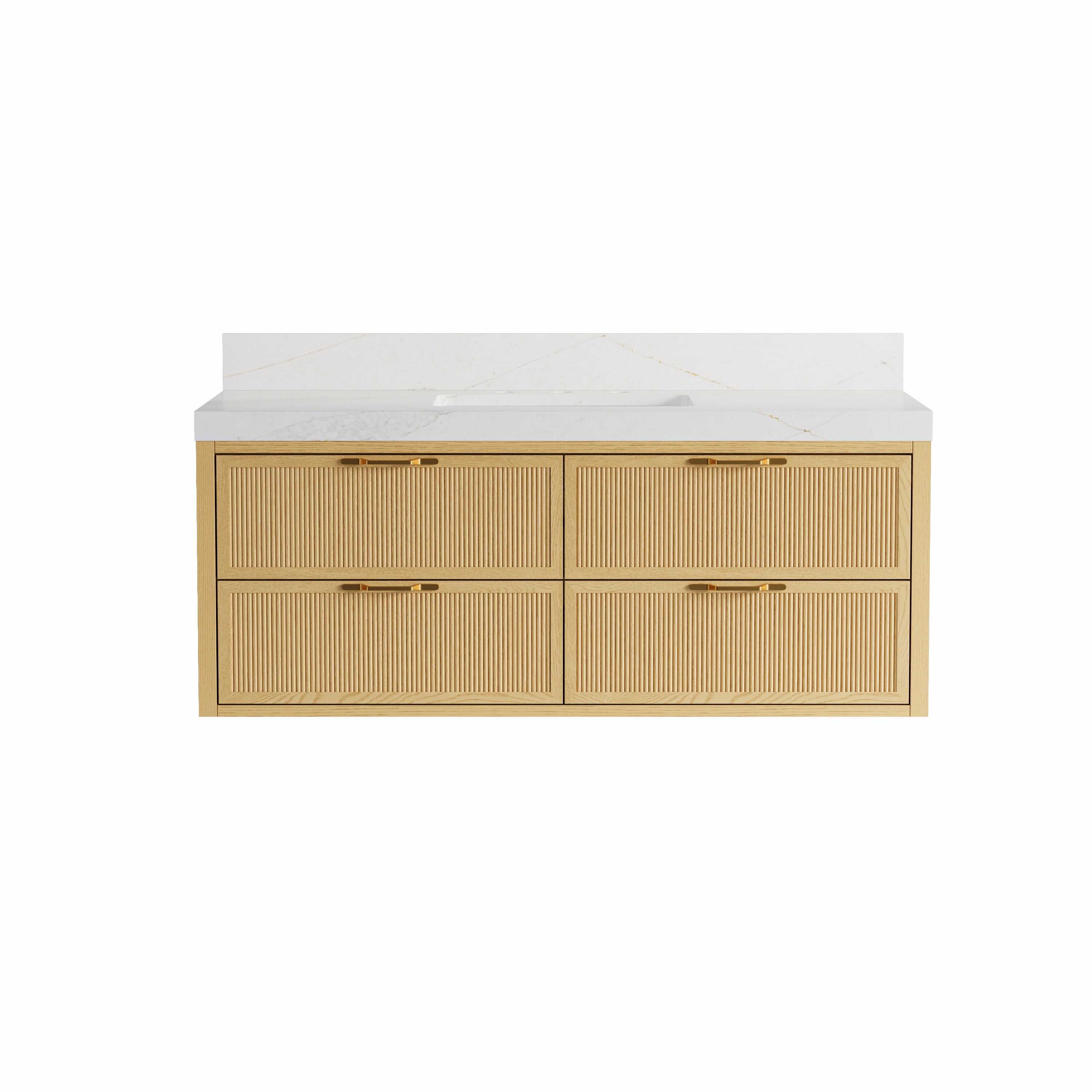 48-Inch Solid Oak Floating Bathroom Vanity with Calacatta Quartz Countertop, 4 Soft-Close Fluted Drawers