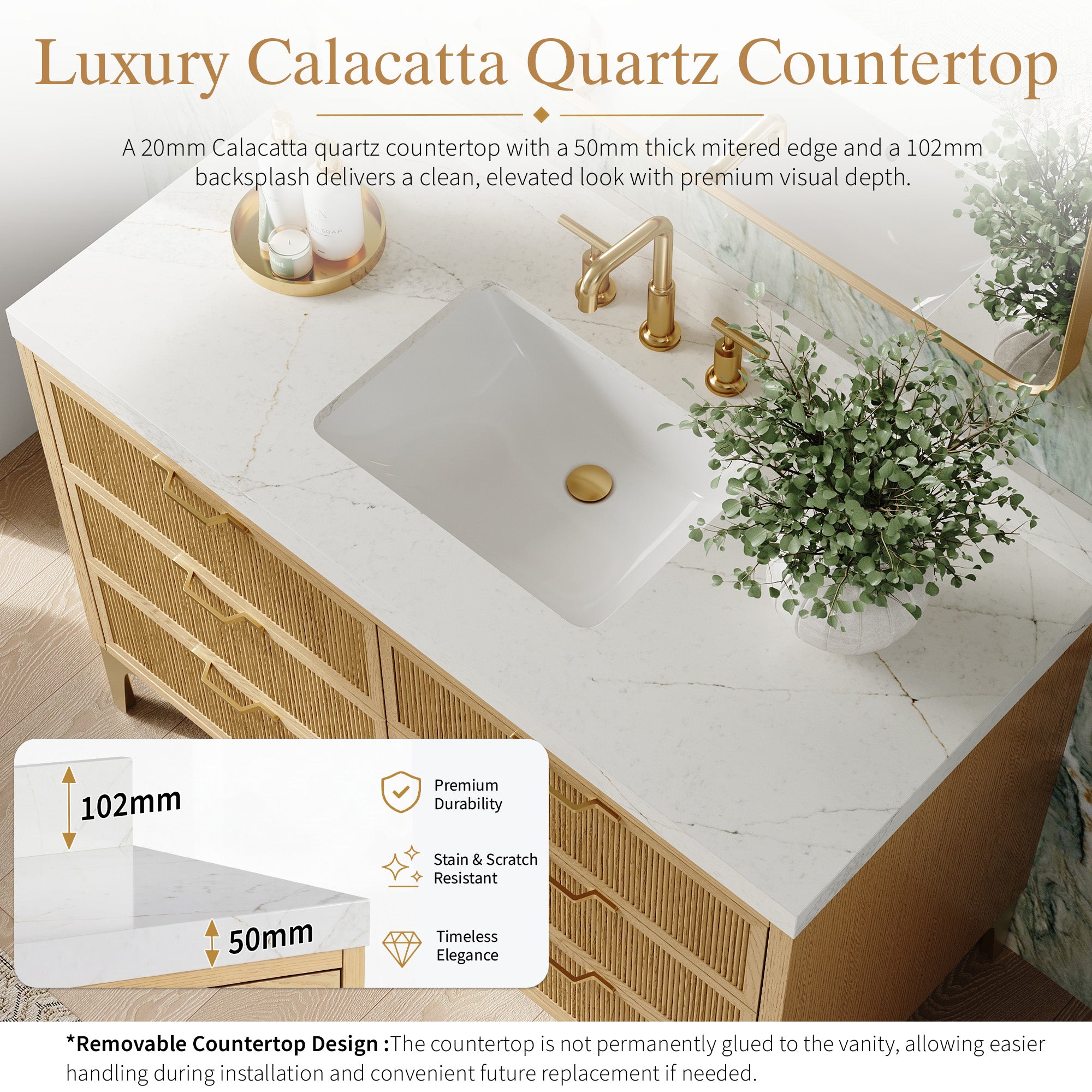 48 Inch Modern Solid Oak Bathroom Vanity with Calacatta Quartz Countertop, 6 Fluted Drawers & Brushed Gold Legs