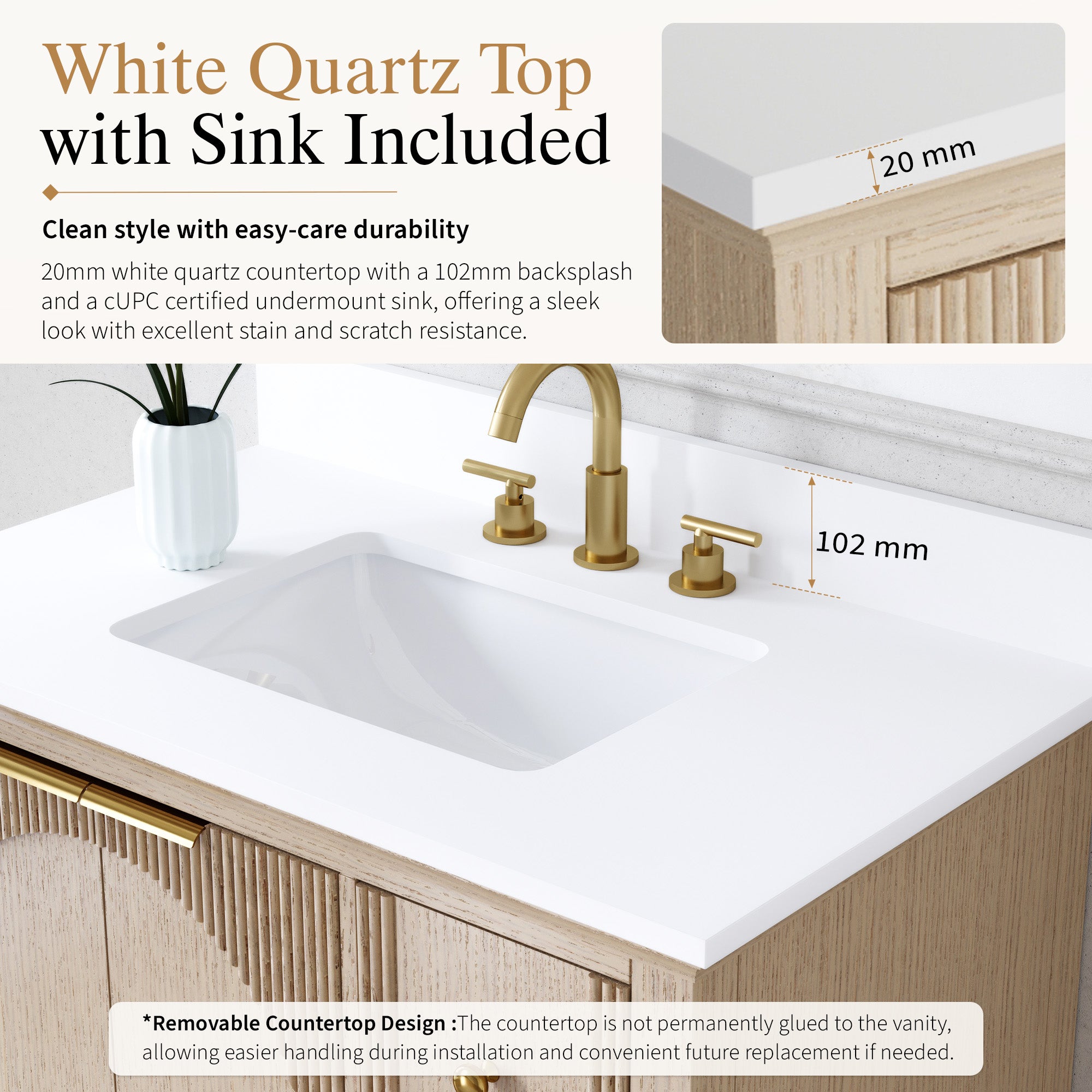36 Inch Modern Light Oak Solid Wood Bathroom Vanity with White Quartz Countertop & Soft-Close Drawers