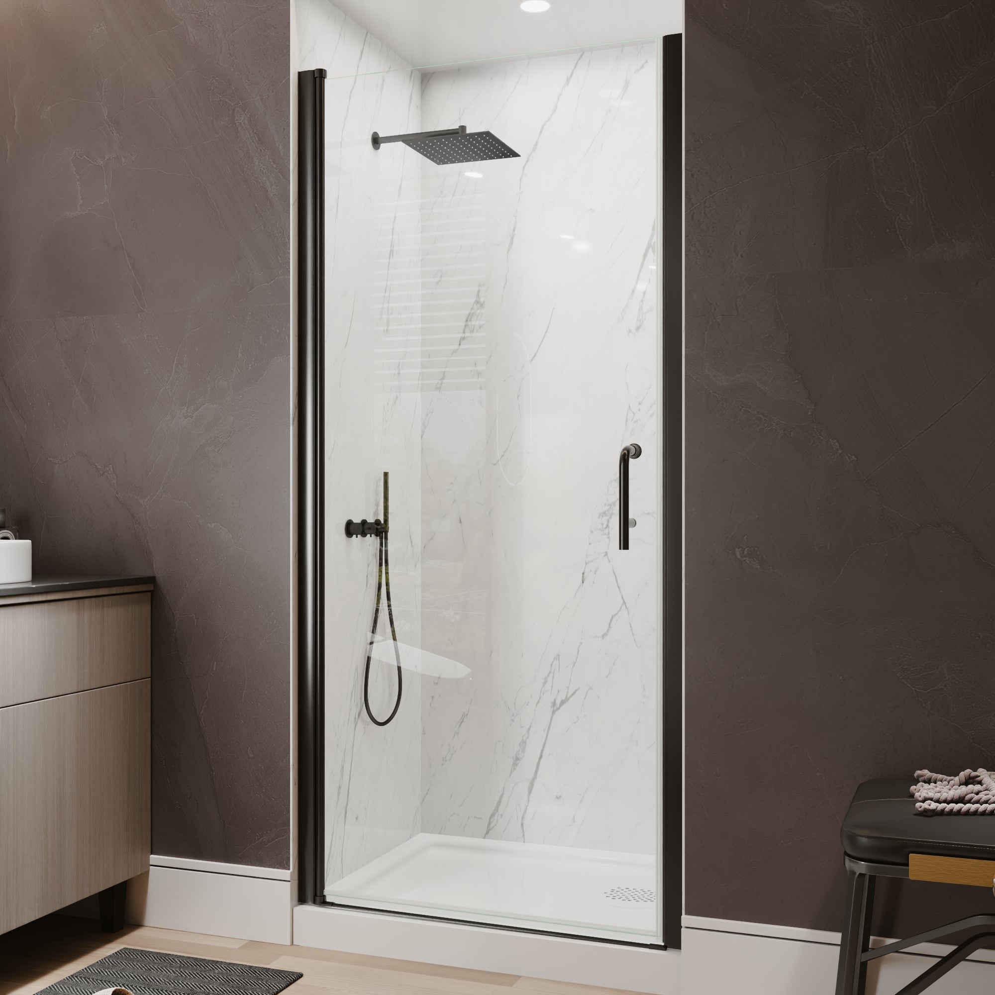 34-36 in. W x 72 in. H Semi-Frameless Pivot Shower Door with 1/4 in SGCC Tempered Glass, Reversible Installation, Matte Black