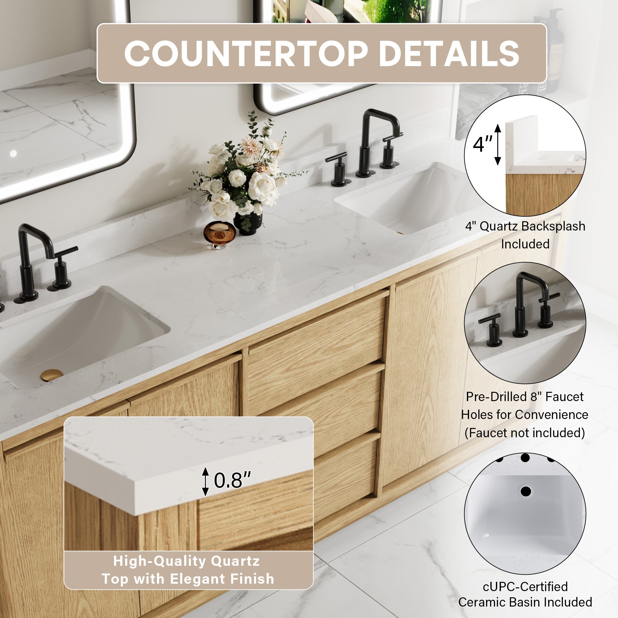 80 Inch Oak Soild Wood Bathroom Vanity with Double Undermount Sinks, 3 Dovetail-constructed Drawers and 4 Soft-close Doors
