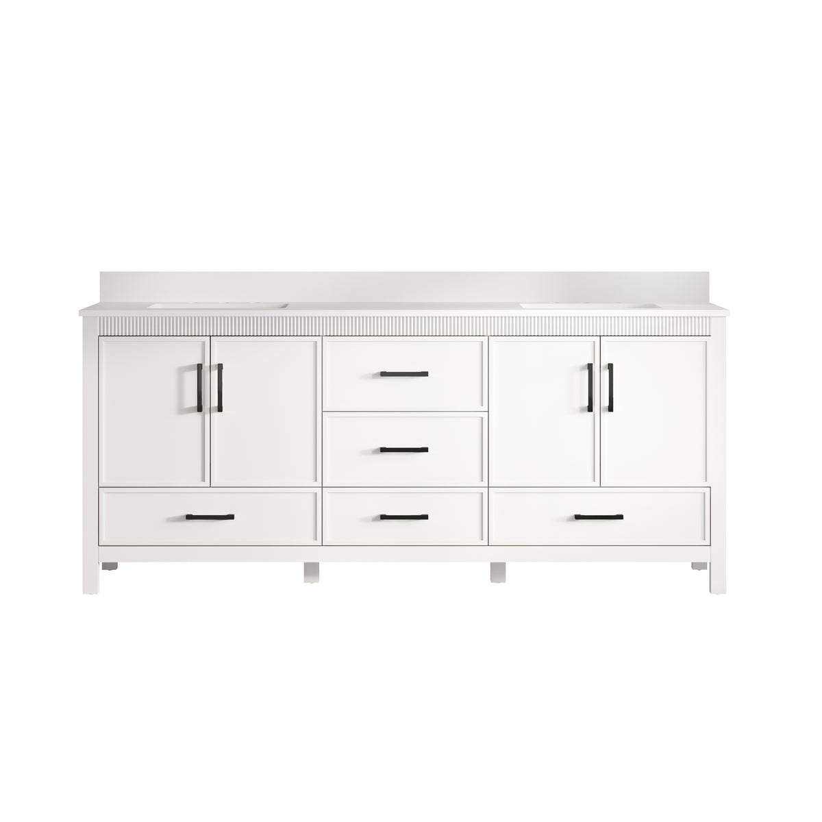 80 Inch Freestanding Solid Wood Bathroom Vanity with Pure White Quartz Countertop, 4 Soft-Close Doors & 5 Dovetail Drawers, White