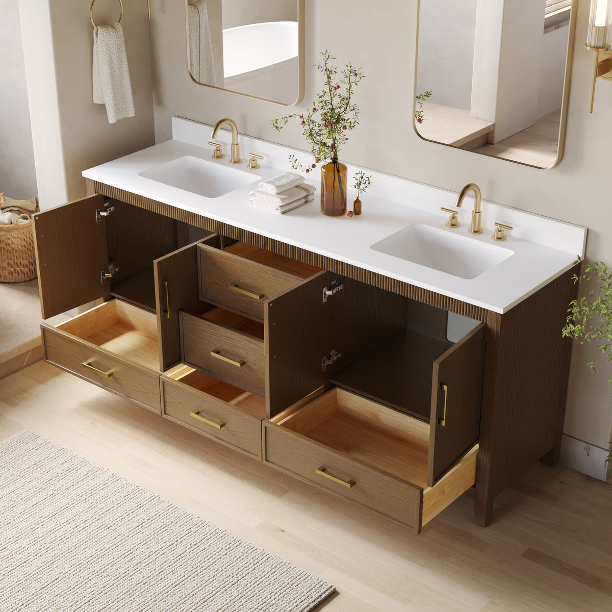 80 Inch Freestanding Solid Wood Bathroom Vanity with Pure White Quartz Countertop, 4 Soft-Close Doors & 5 Dovetail Drawers, Walnut