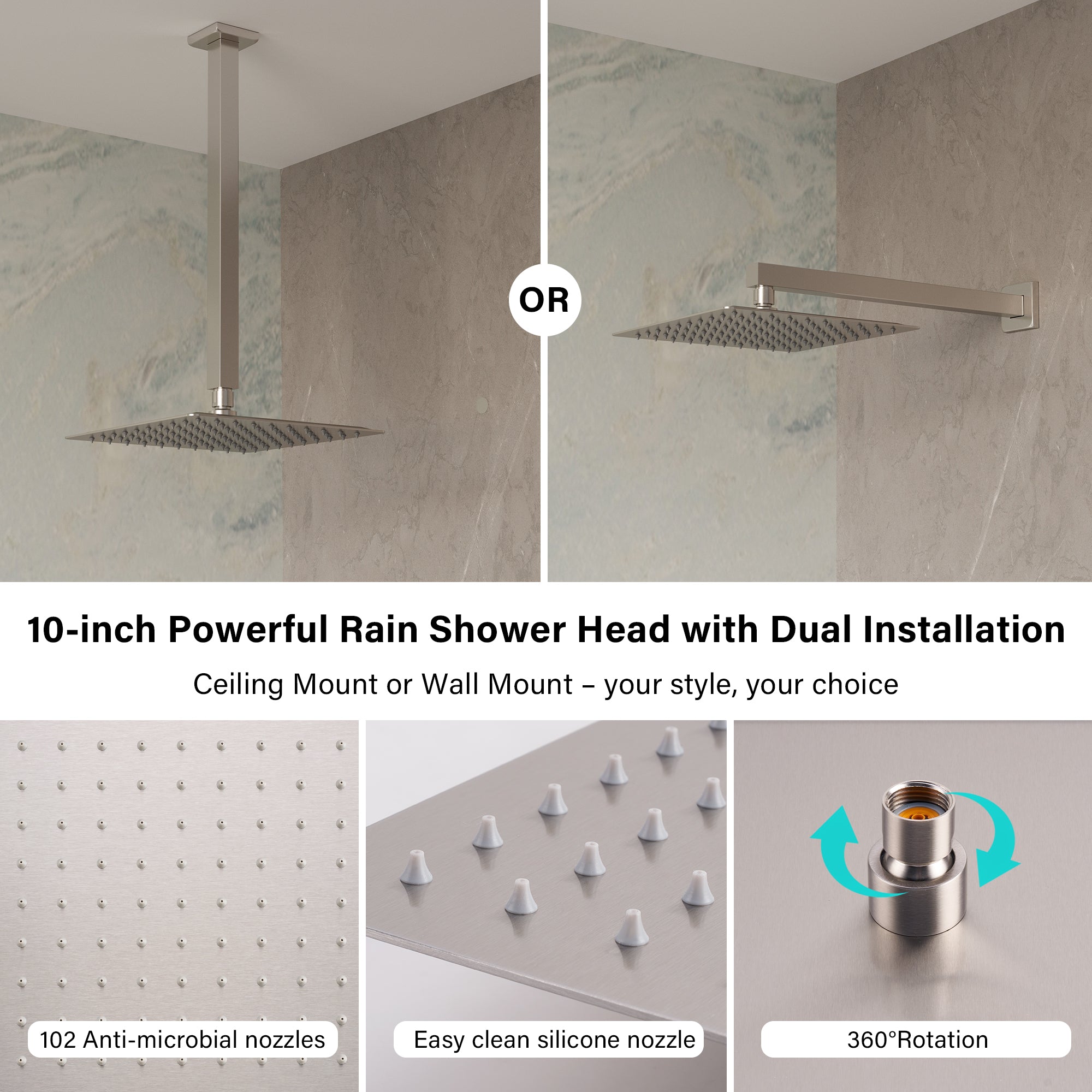 3-Function Thermostatic Stainless Steel Shower System with Dual Mounting Options Wall-Mounted & Ceiling-Mounted, Sliding Bar, 10" Square Overhead Shower