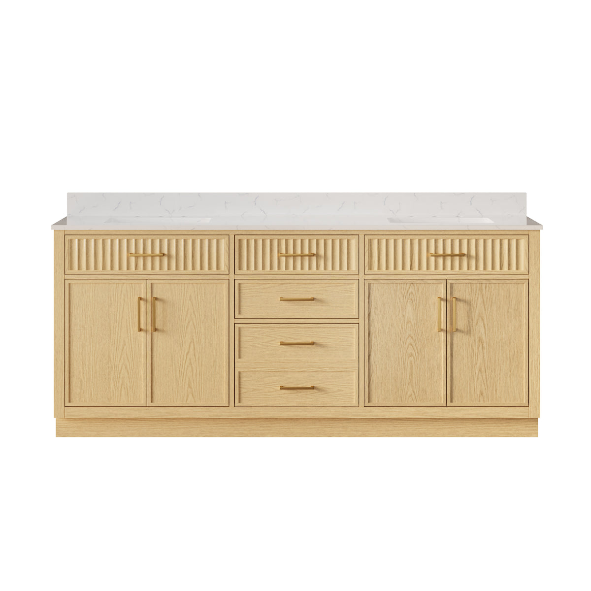 80 Inch Solid Wood and Plywood Bathroom Vanity with Carrara White Quartz Top, 4 Soft-Close Doors & 5 Drawers, OAK