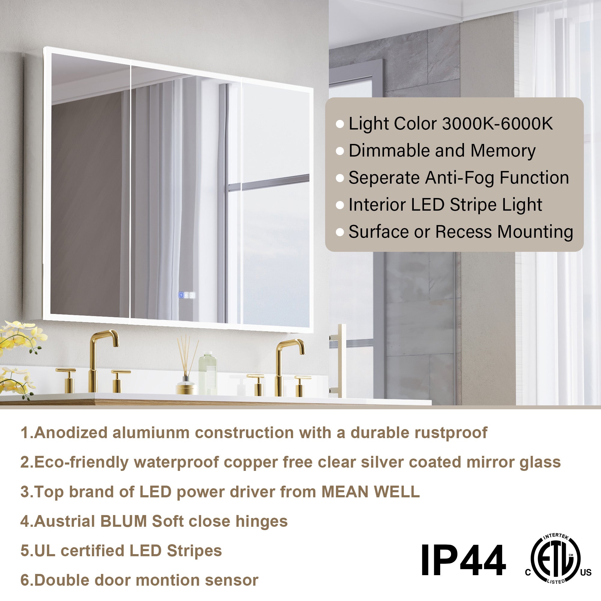 48 in. x 36 in. Recessed/Surface Mount LED Medicine Cabinet with 3X Magnifier Glass Mirror, Anti-Fog