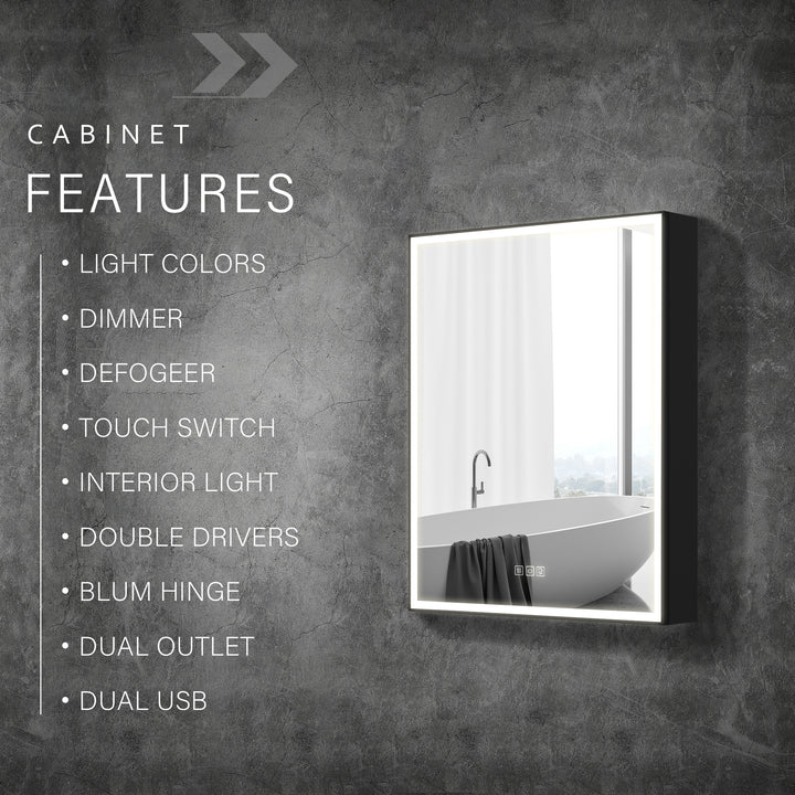 24'' x 30'' Black Aluminum Left Medicine Cabinet with Mirror and LED Light