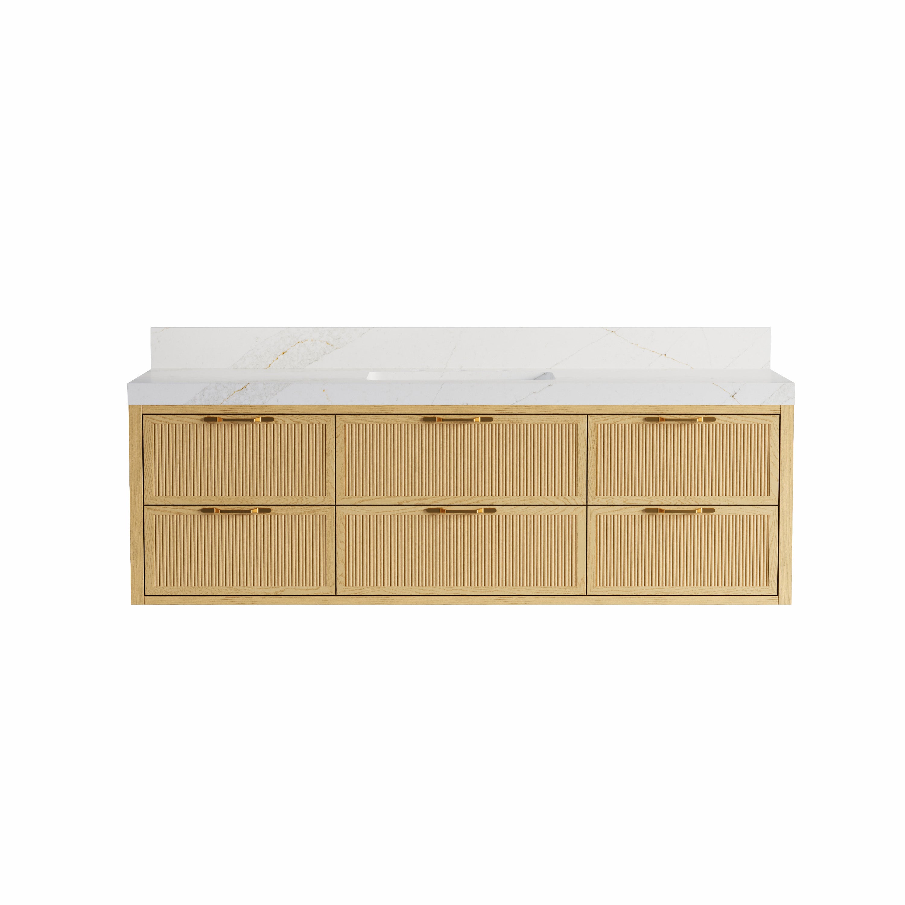 60-Inch Solid Oak Floating Bathroom Vanity with Calacatta Quartz Countertop, 6 Soft-Close Fluted Drawers