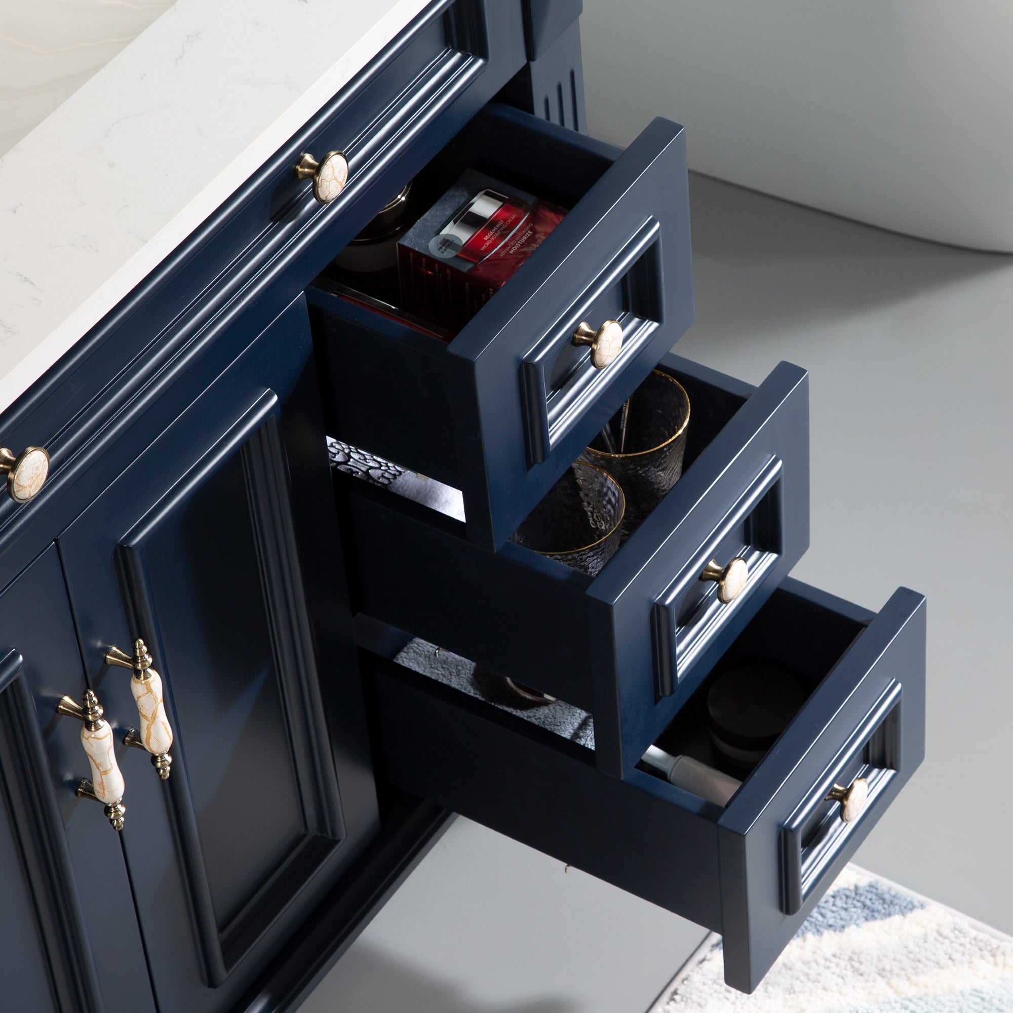 36" Navy Blue Solid Wood Bathroom Vanity & 36" LED Mirror Medicine Cabinet Combo