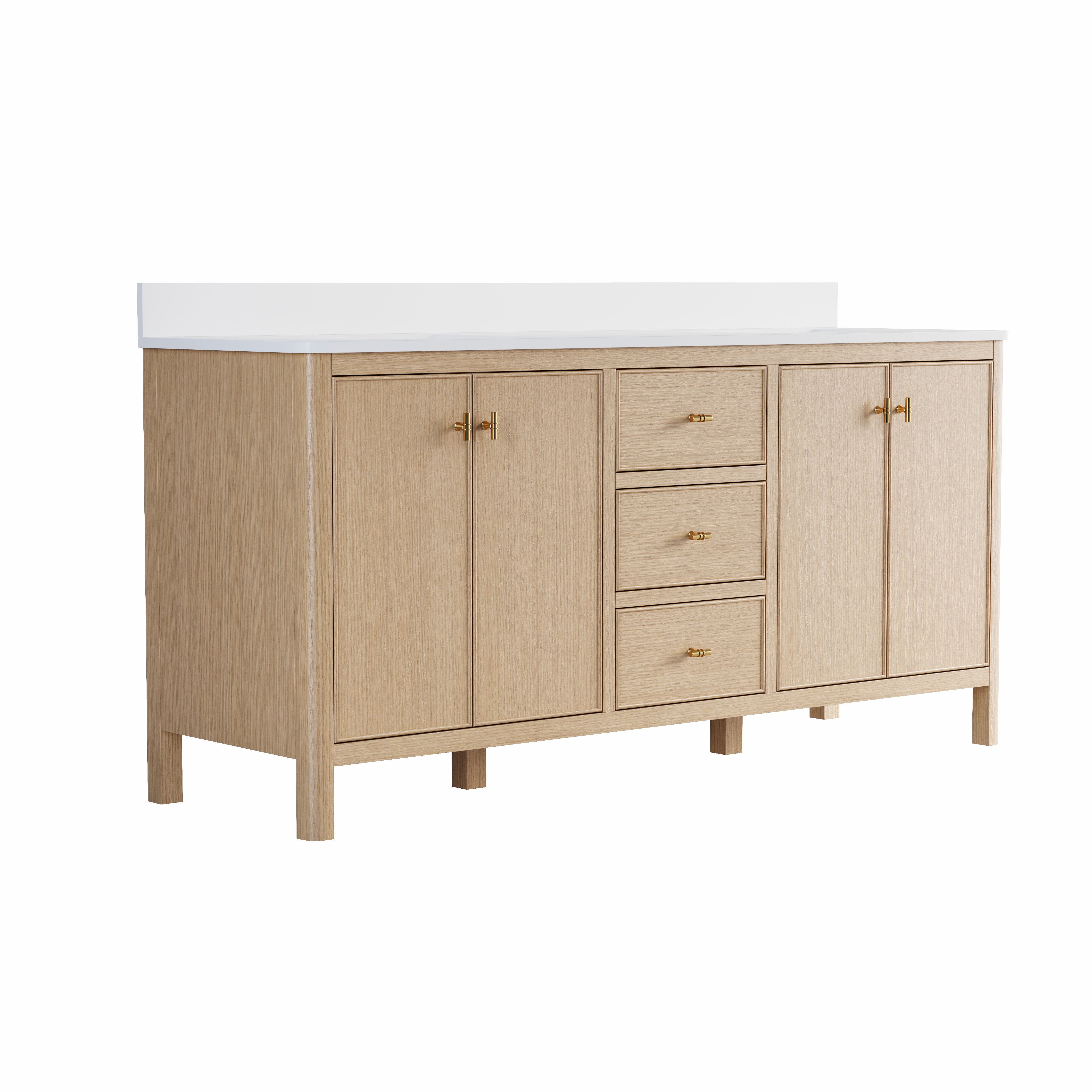 72 Inch Solid Wood Oak Bathroom Vanity with White Quartz Countertop & Sink – 3 Dovetail Soft-Close Drawers