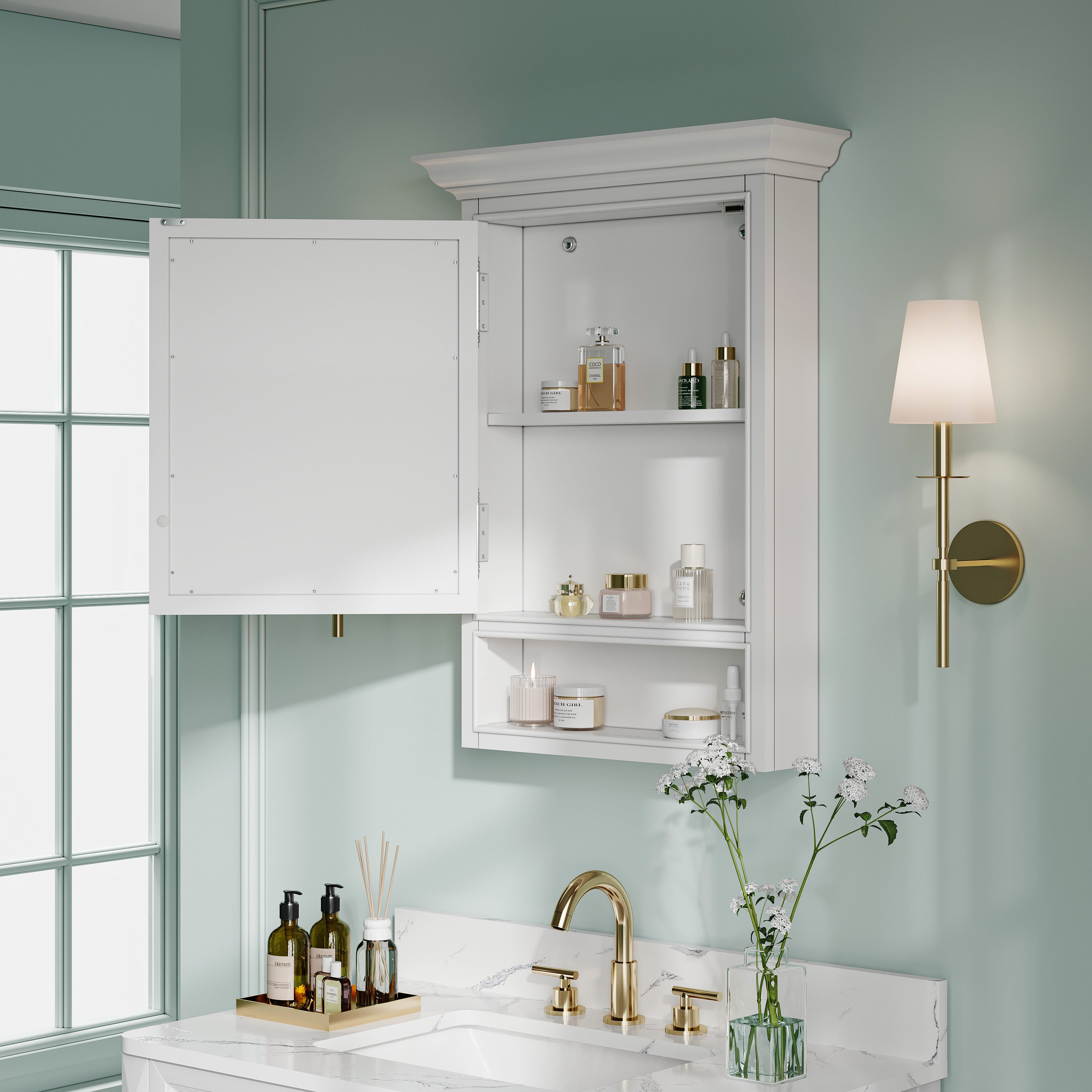 24-In W x 32-In H Surface-Mount Wood Medicine Cabinet with Mirror for Bathroom