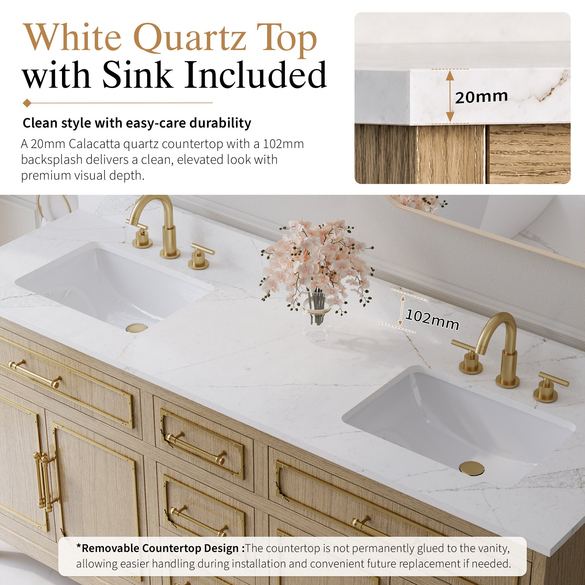72 Inch Luxury Solid Oak Bathroom Vanity with Calacatta Quartz Countertop & Sinks, 3 Soft-Close Drawers and 2 Flip Drawers