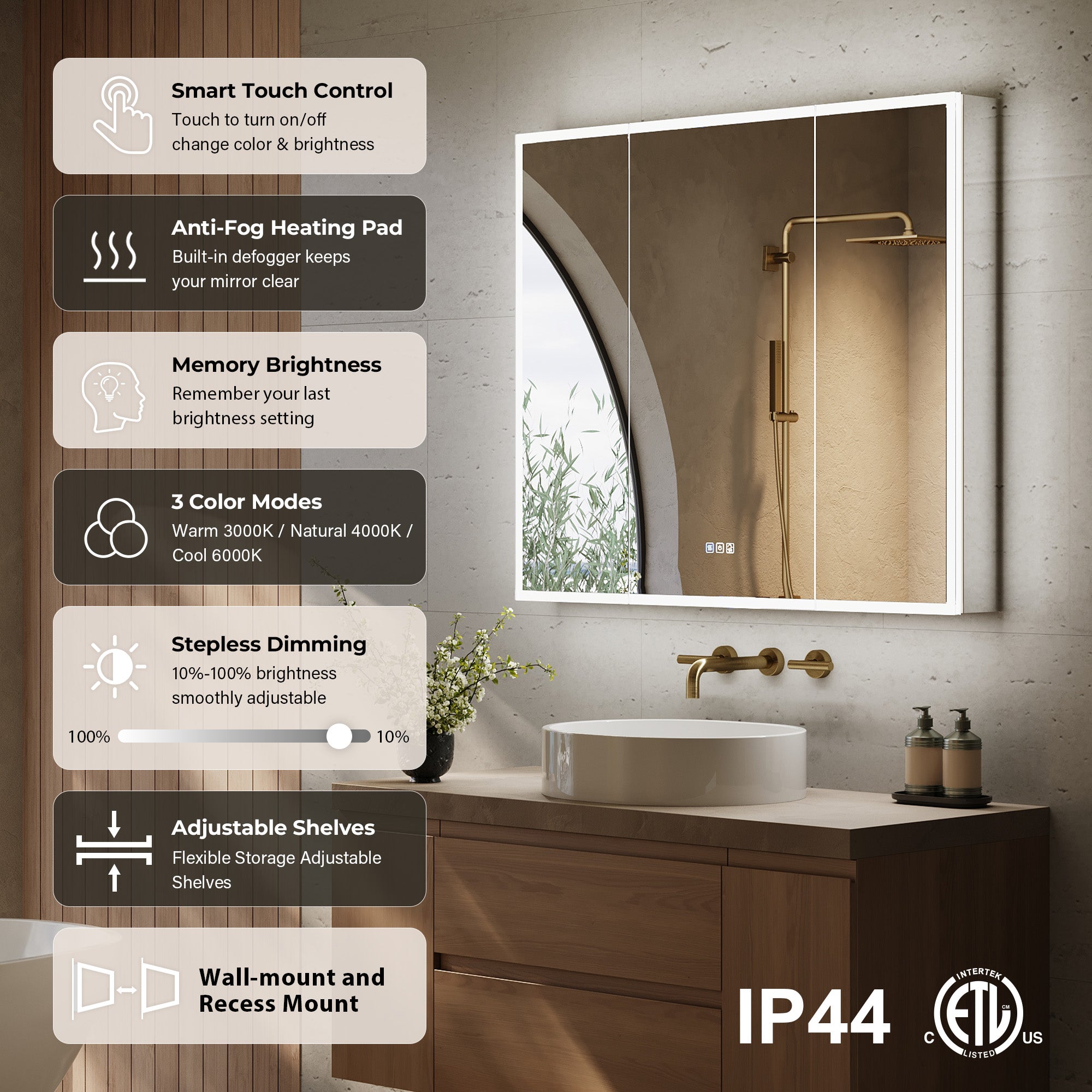 42 in. x 36 in. Recessed/Surface Mount LED Medicine Cabinet with 3X Magnifier Glass Mirror, Anti-Fog