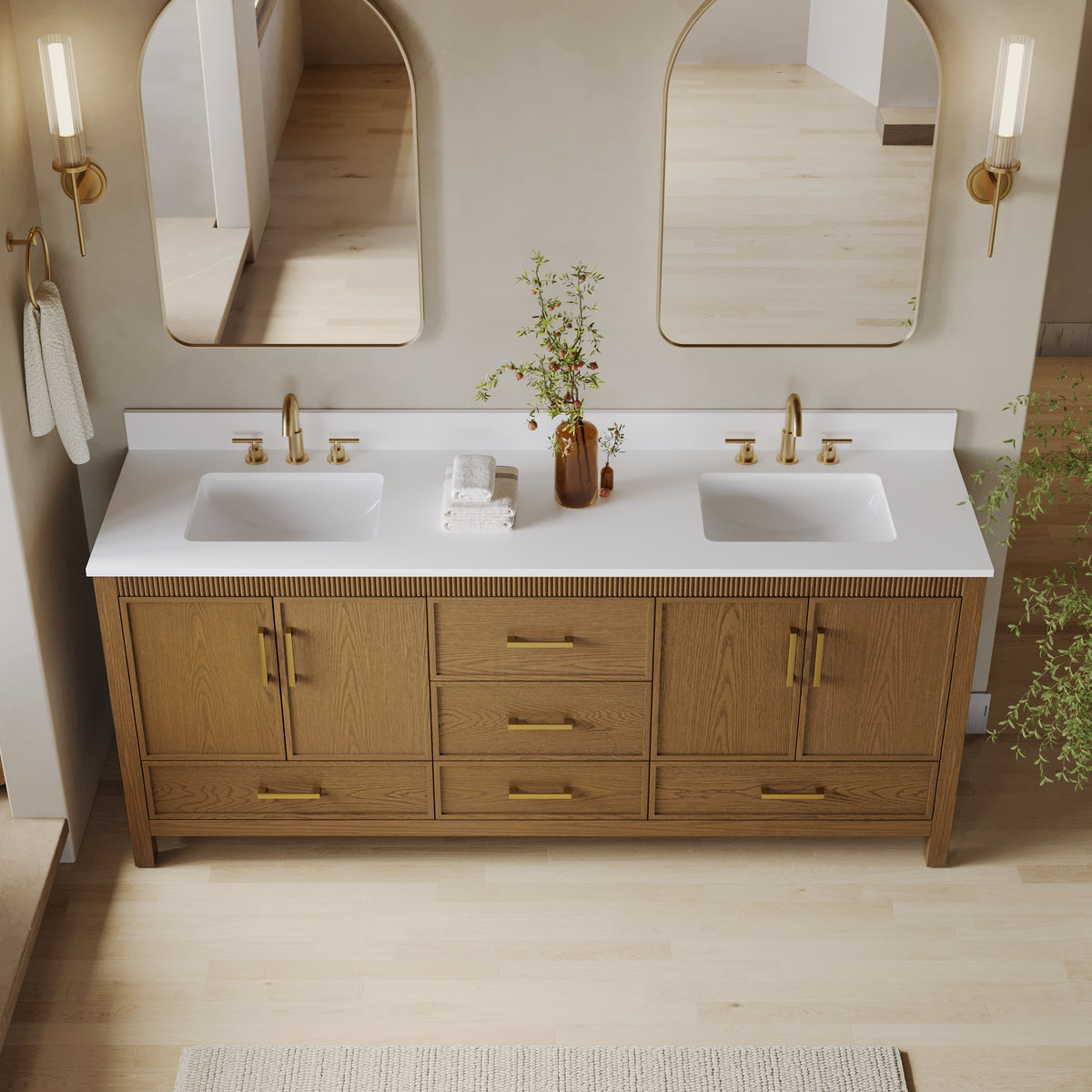 80 Inch Freestanding Solid Wood Bathroom Vanity with Pure White Quartz Countertop, 4 Soft-Close Doors & 5 Dovetail Drawers, Walnut