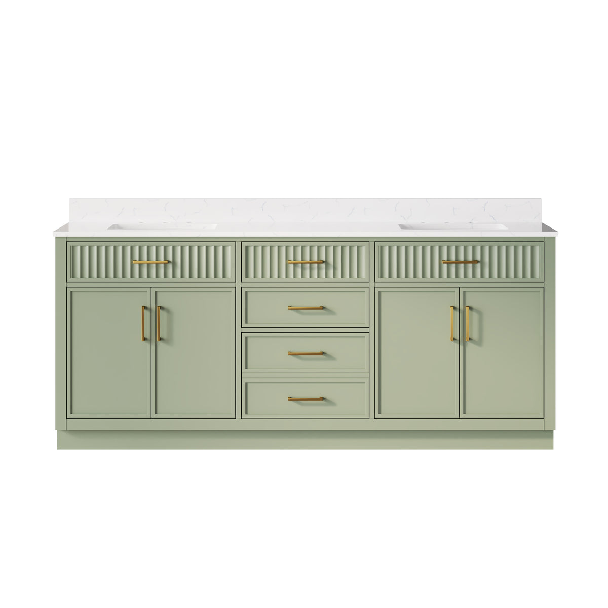 80 Inch Solid Wood and Plywood Bathroom Vanity with Carrara White Quartz Top, 4 Soft-Close Doors & 5 Drawers, SAGE GREEN